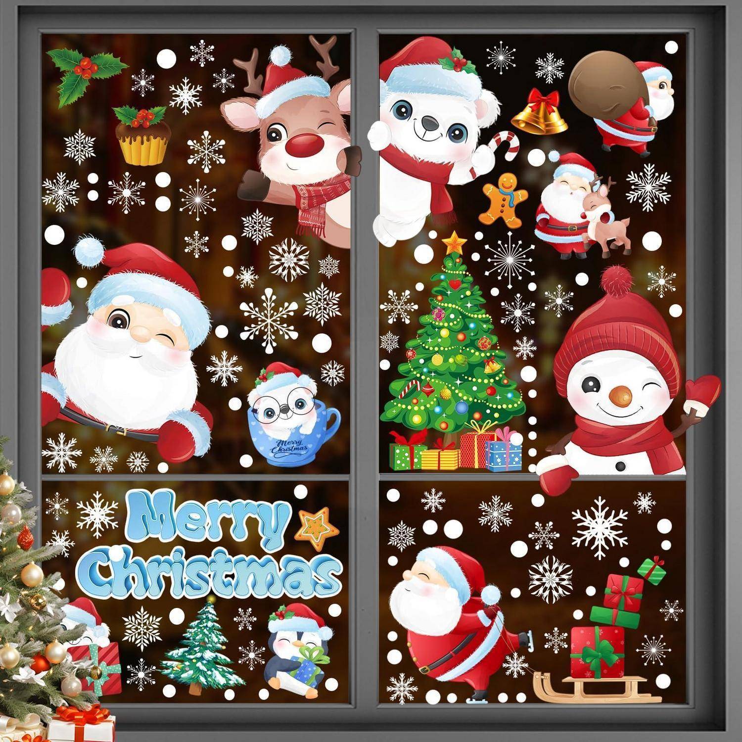 Weihnachtsfenster-Aufkleber-Collage mit dem Weihnachtsmann, Schneemann, Rentier, Eisbär, geschmücktem Baum, Geschenken, Schneeflocken und dem Text „Frohe Weihnachten