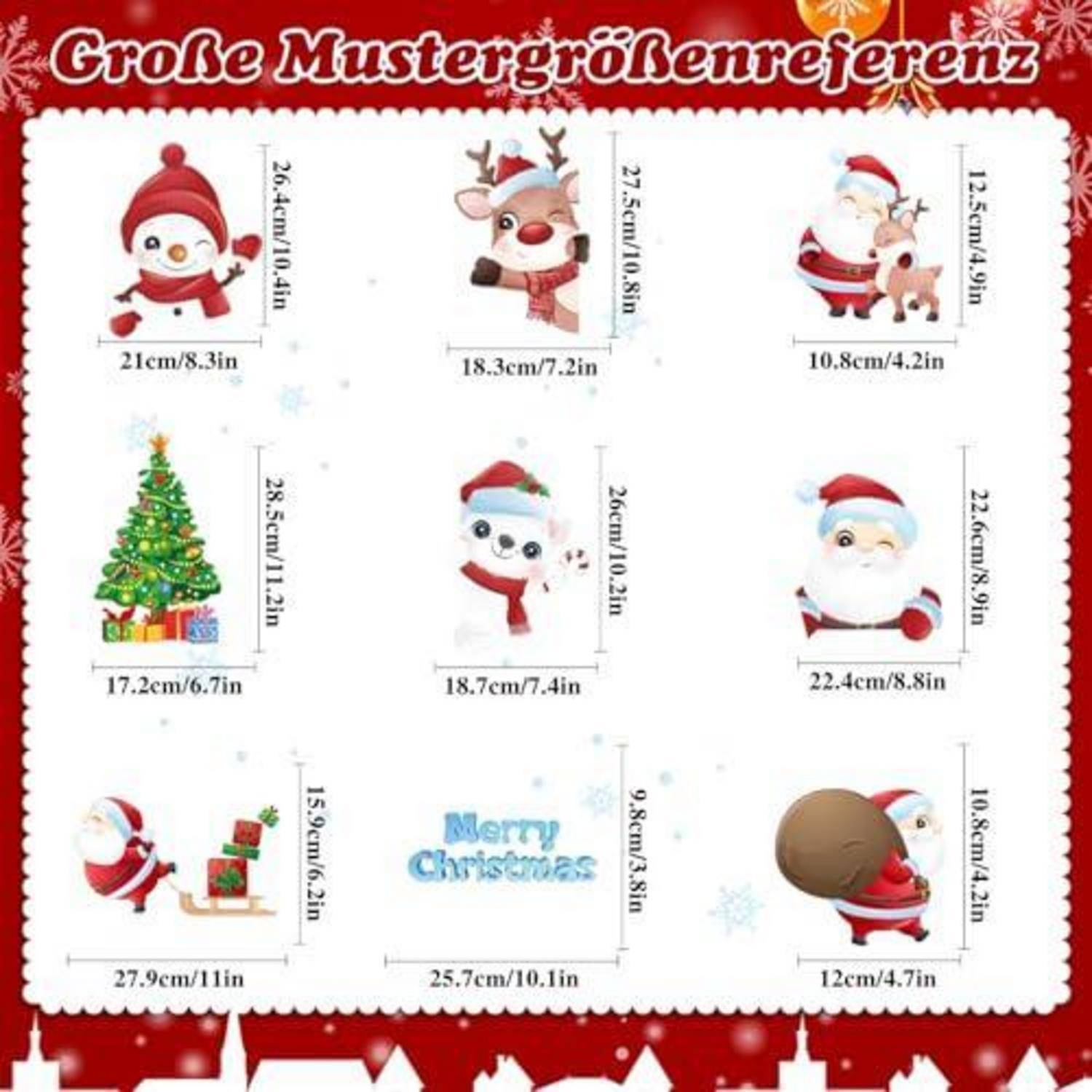 Weihnachts-Aufkleberbogen mit neun Cartoon-Designs, darunter Weihnachtsmann, Rentier, Schneemann, Panda, Baum und „Frohe Weihnachten", jeweils mit Größenangaben versehen.