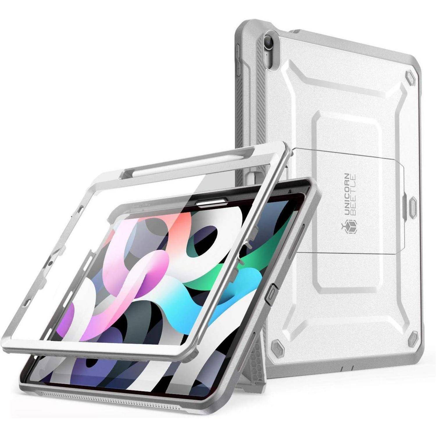 Robustes silberfarbenes Tablet-Schutzkase mit integriertem Ständer, aufgeklappt zum Schutz eines Tablets mit farbenfrohem Display.