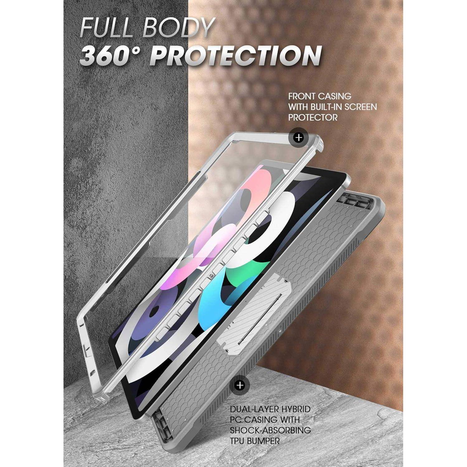 Produktanzeige für eine Tablet-Schutzhülle mit Displayschutzfolie und doppellagiger hybrider stoßdämpfender TPU-Bumper, gekennzeichnet mit „Vollständiger Rundumschutz 360°".