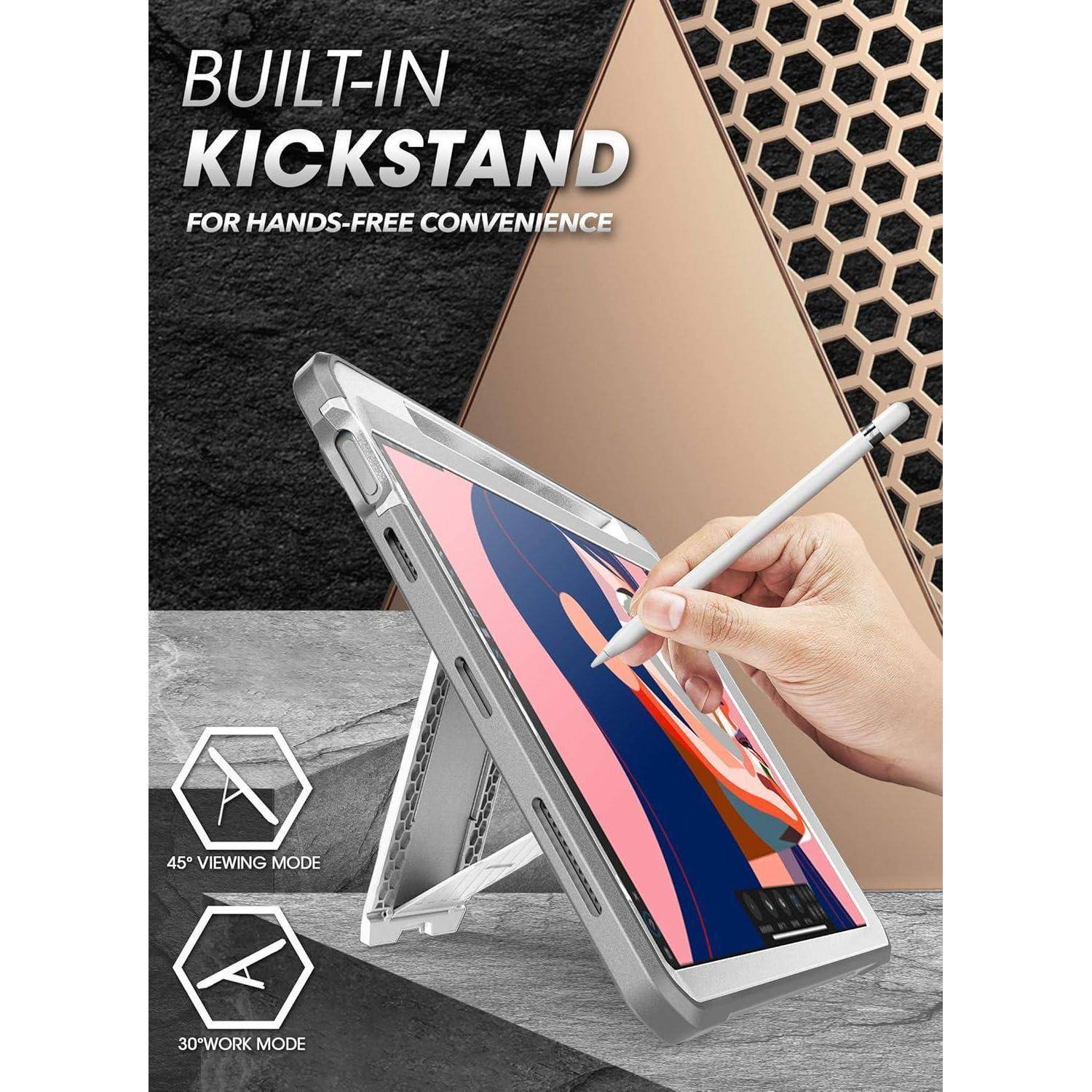 Tabletgehäuse mit integriertem Ständer zeigt freihändige Nutzung und Stift-Zeichnen, beschriftet mit 45° Anzeigemodus und 30° Arbeitsmodus.