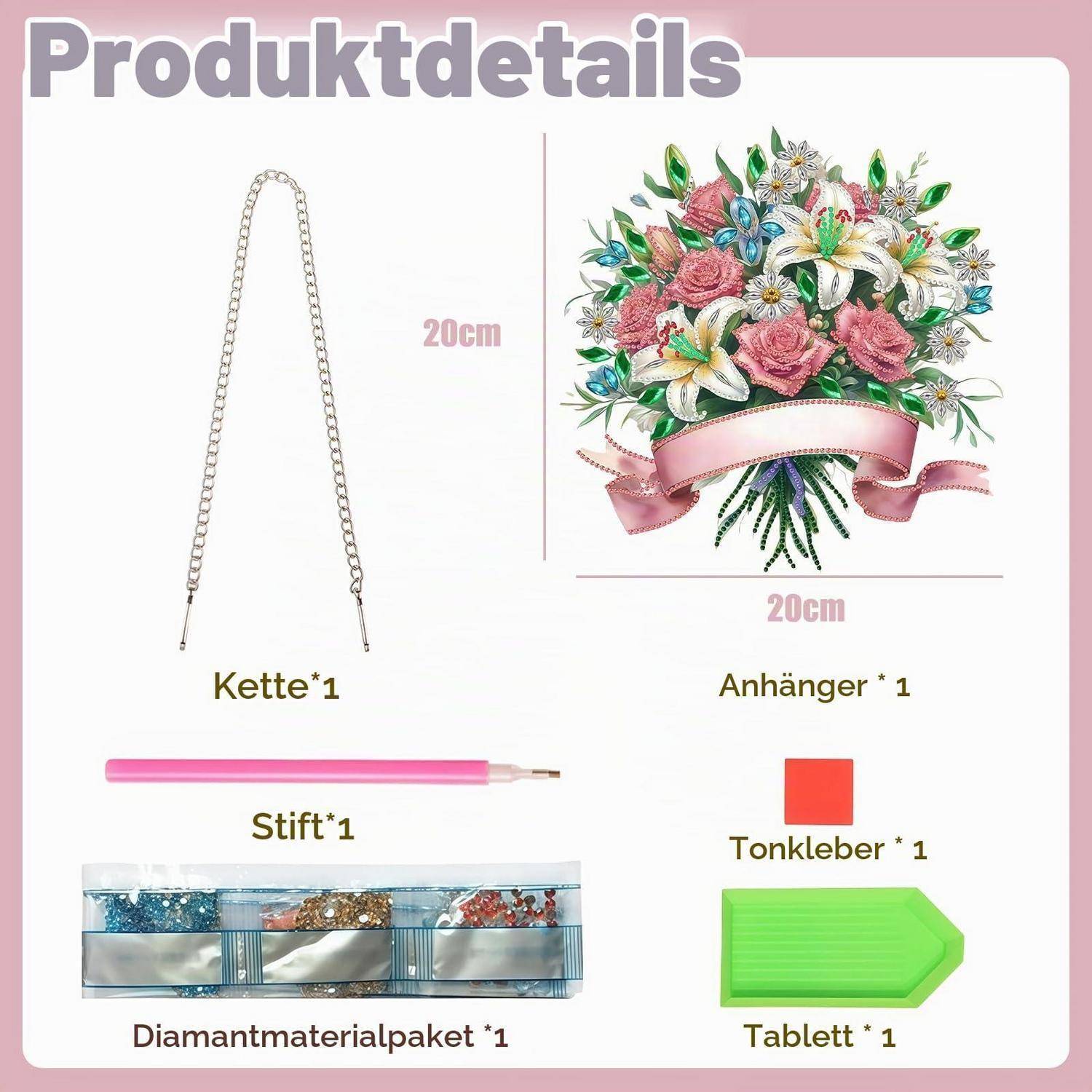 Produktdetails für ein 20 cm Bastelset: Kettenhalsband, Blumenhänger, Stift, Tonkleber, Diamantmaterialpaket und Tablet-Werkzeug.