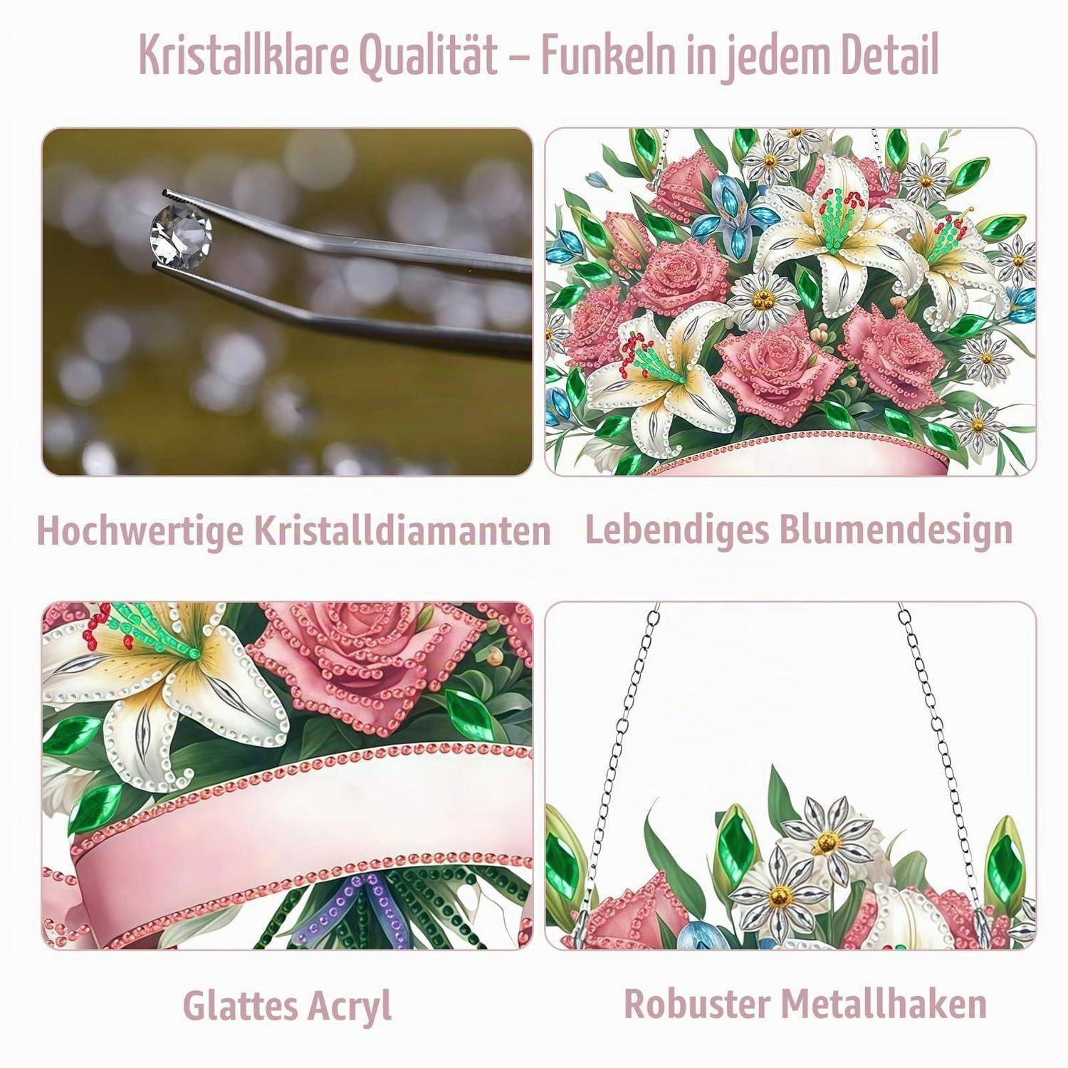 Werbegrafikvergleich von Schmuckmerkmalen: Kristalldiamagten, Blumendesign, glatte Acrylbeschaffenheit und robuster Metallhaken.