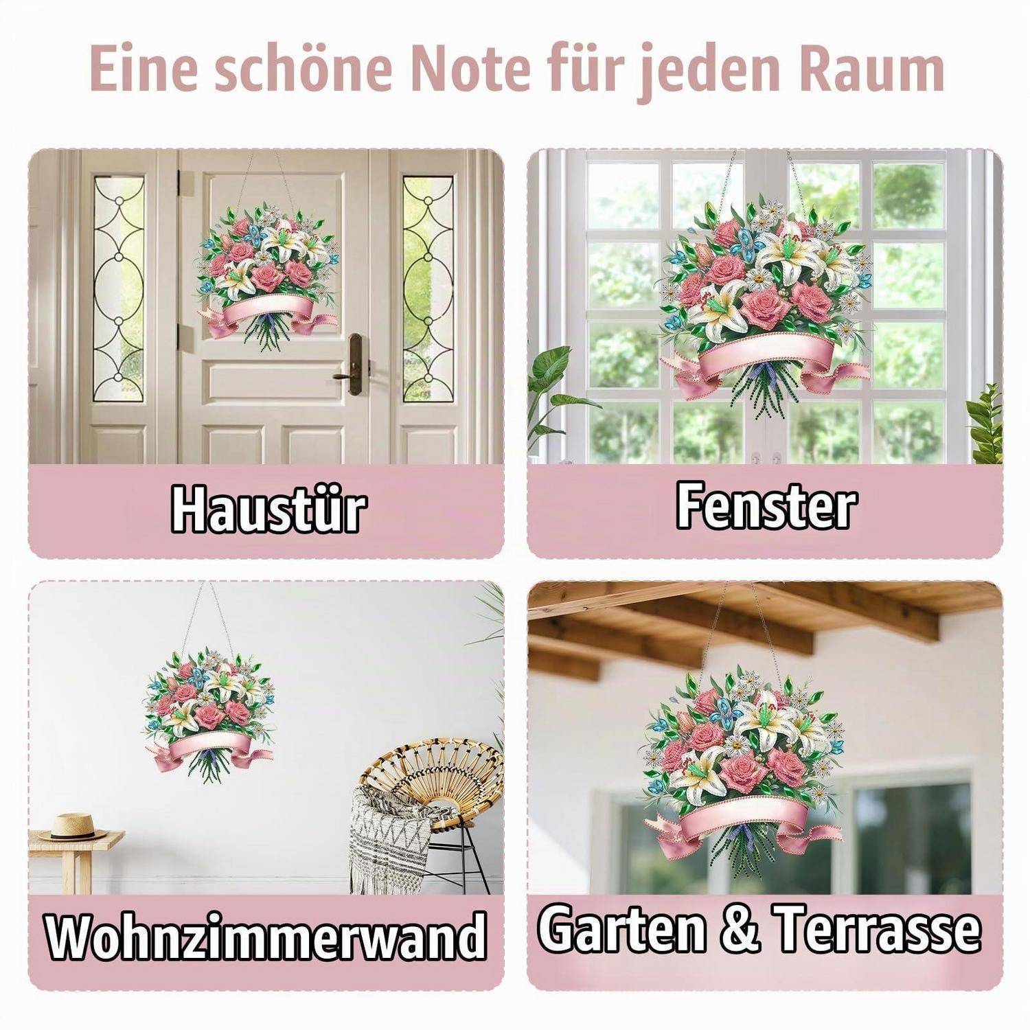 Deutsches Werbebild mit Blumensträußern-Dekoration, gezeigt für vier Verwendungen: Haustür, Fenster, Wohnzimmerwand und Garten oder Terrasse.