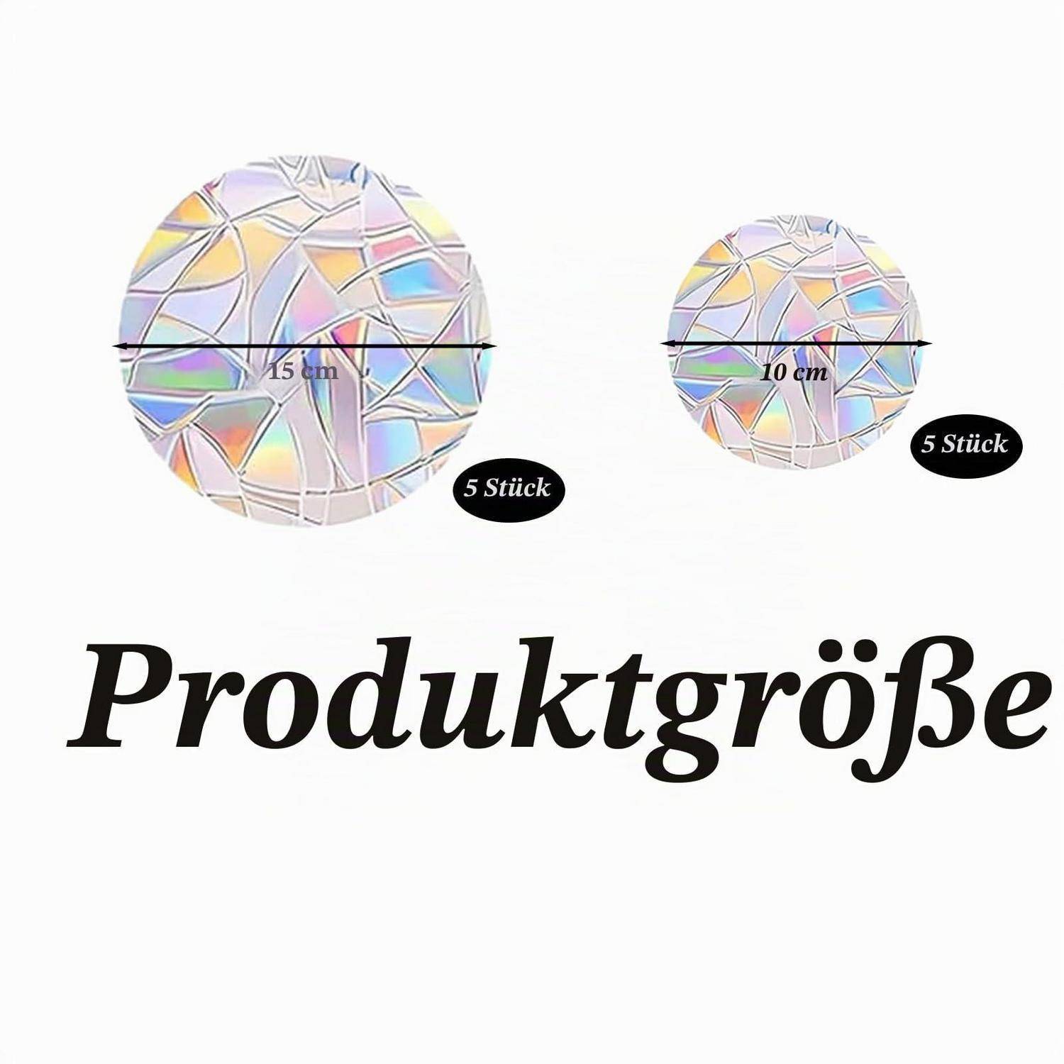 Gezeigte Produktgrößen: zwei holographische runde Artikel, 15 cm und 10 cm, jeweils mit dem Etikett „5 Stück".