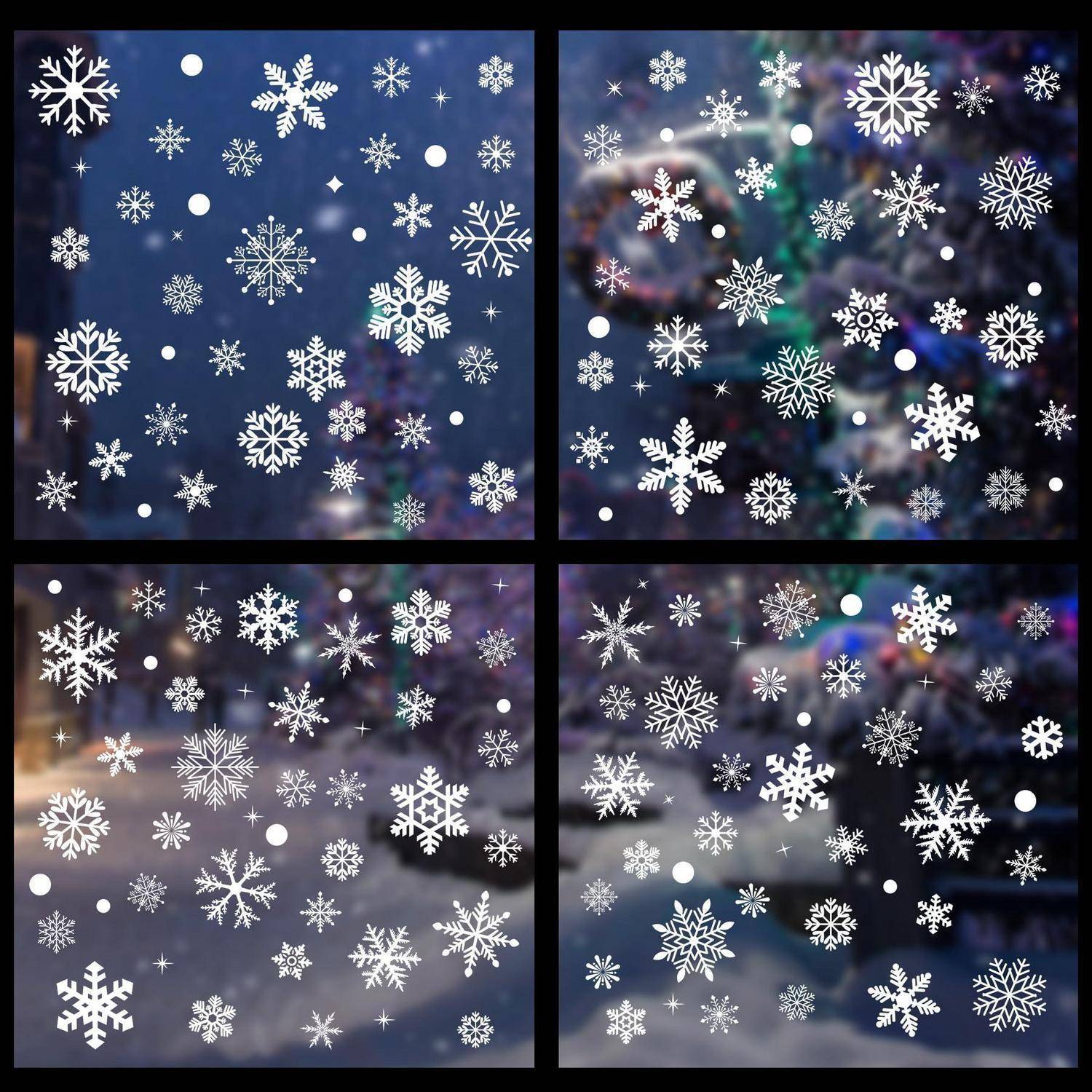 Vierteiligewinterszene mit weißen Schneeflocken, die über unscharfe schneebedeckte Hintergründe in Blau-, Lila- und Grautönen fallen.