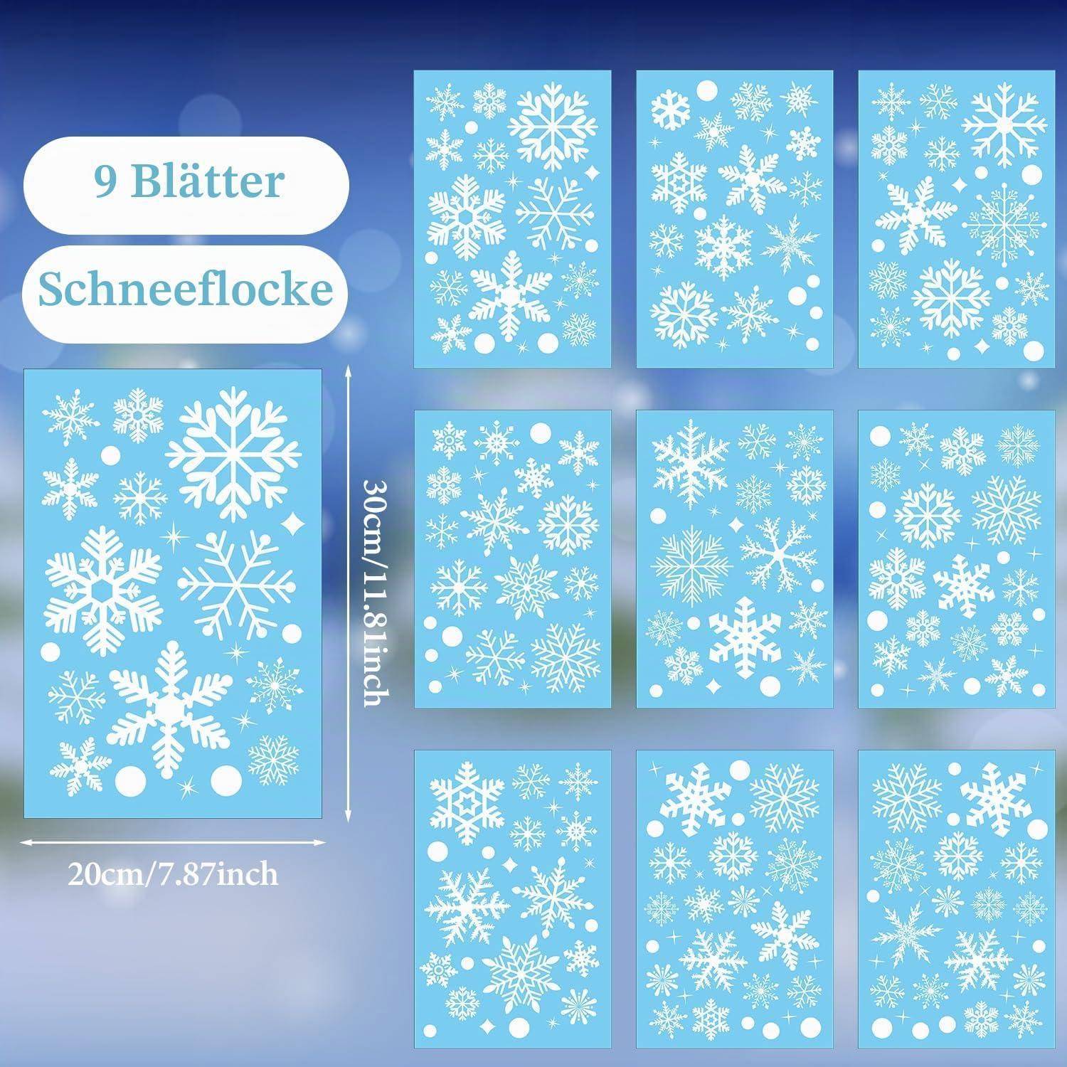 Produktgrafik mit 9-teiligen Schneeflocken-Fensterdekalen mit der Bezeichnung „9 Blätter Schneeflocke