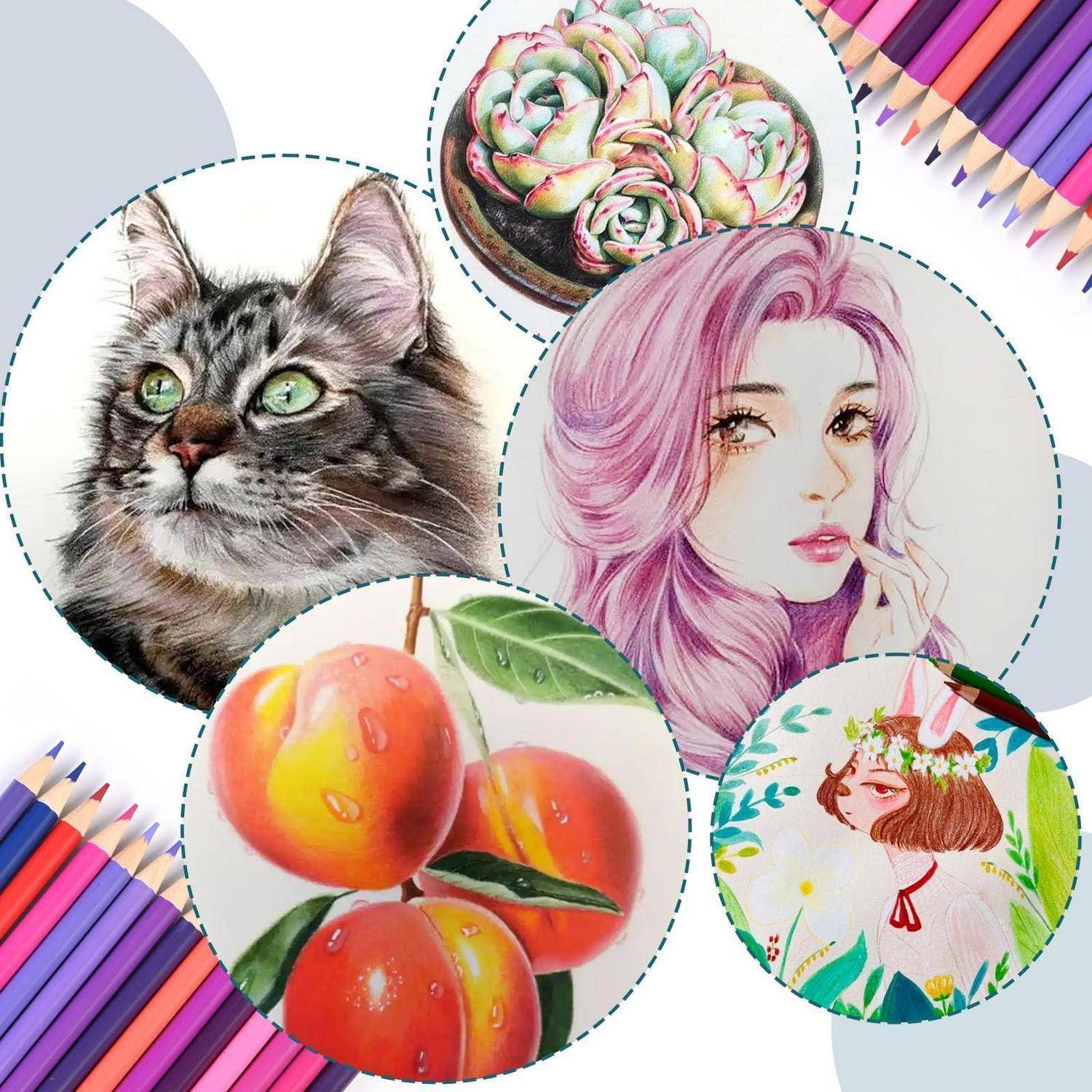 Collage aus kreisförmigen Illustrationen: eine Katze, Sukkulenten, eine Frau mit rosa Haaren, Pfirsiche und ein Porträt eines Mädchens mit Blumenmotiven, umrahmt von Farbstiften.