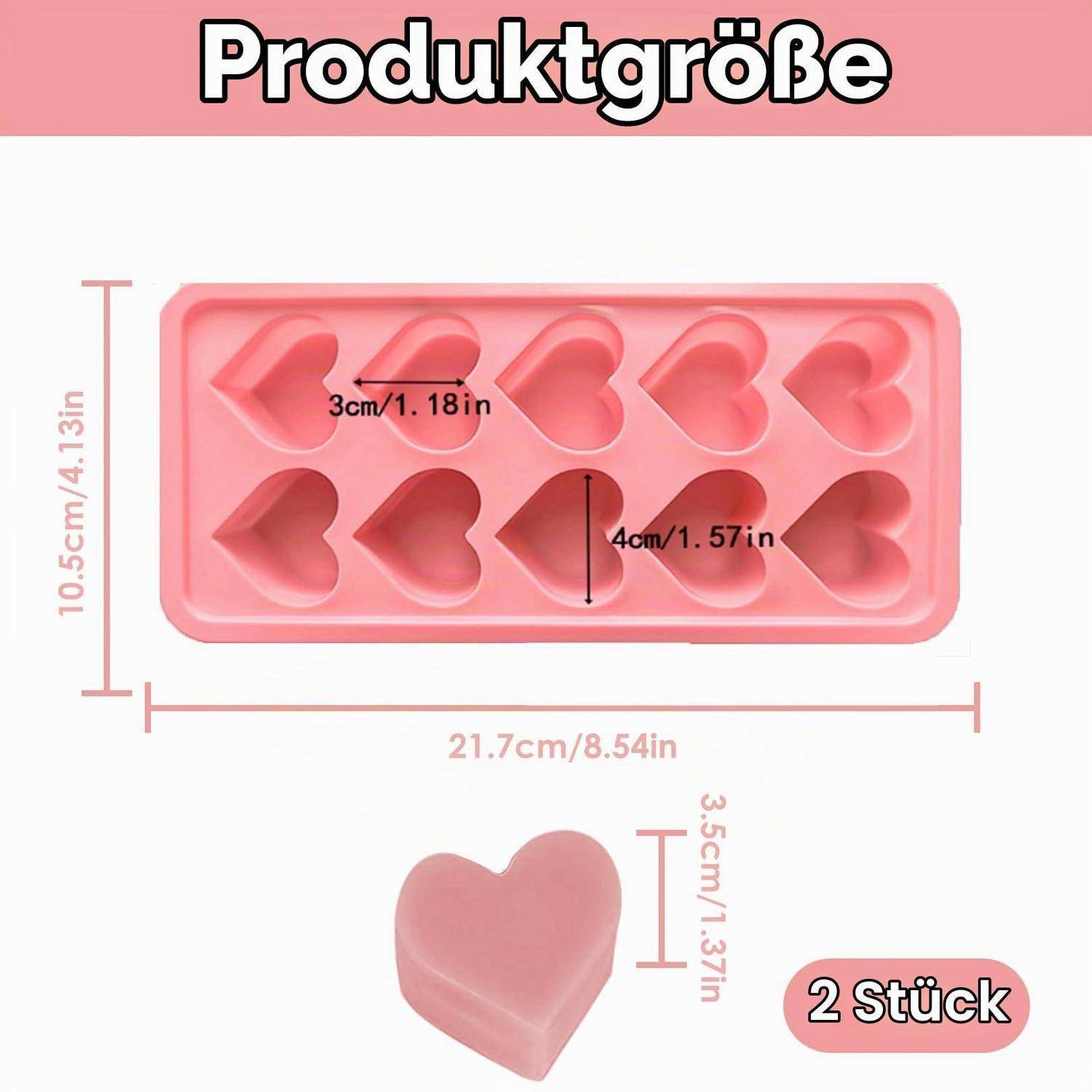 Produktgrößen-Abbildung zeigt eine rosa Silikonform in Herzform mit 8 Mulden, beschriftet mit 21,7 x 10,5 cm Gesamtgröße, 4 cm Tiefe, 3 cm Herzbreite und „2 Stück