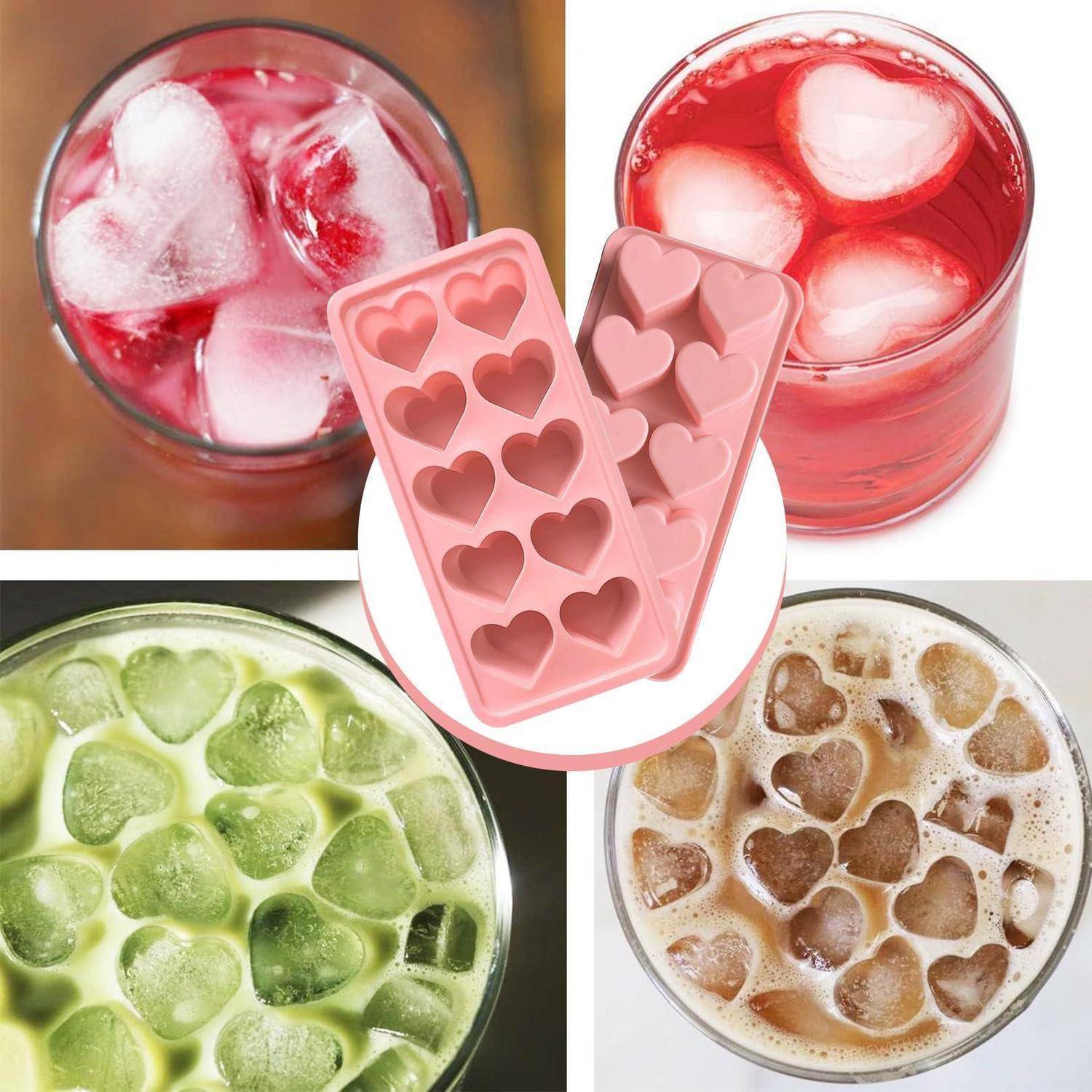 Vier eisgekühlte Getränke in Draufsicht, jeweils mit herzförmigen Eiswürfeln in Rosa, Rot, Grün und Braun, mit herzförmigen Silikon-Eisformen, die vorne zentriert sind.