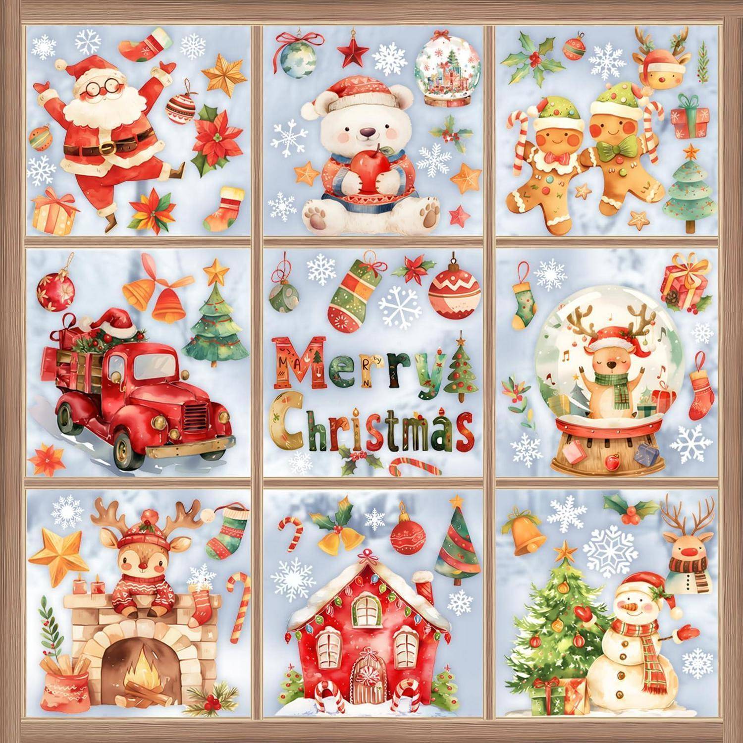 Eine 3x3 Weihnachtscollage mit Weihnachtsmann, Teddybär, Lebkuchenmännchen, einem roten Lastwagen, Kamin, Haus, Schneemann, Baum und „Frohe Weihnachten