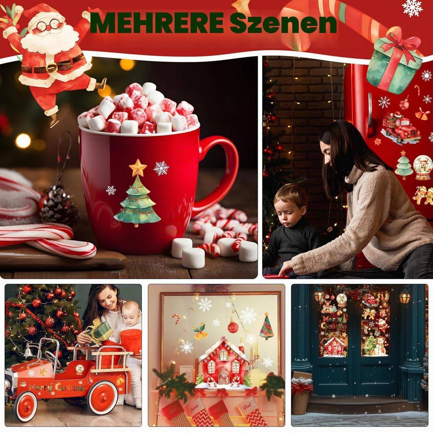 Weihnachtscollage mit dem Titel „MEHRERE SZENEN" zeigt eine Weihnachtsmannstasse mit heißer Schokolade, eine Mutter und ein Kind am Fenster, ein Kind in einem Spielzeugauto, eine Urlaubshausausstellung und dekorierte Eingangstüren einer Geschäftsfassade.