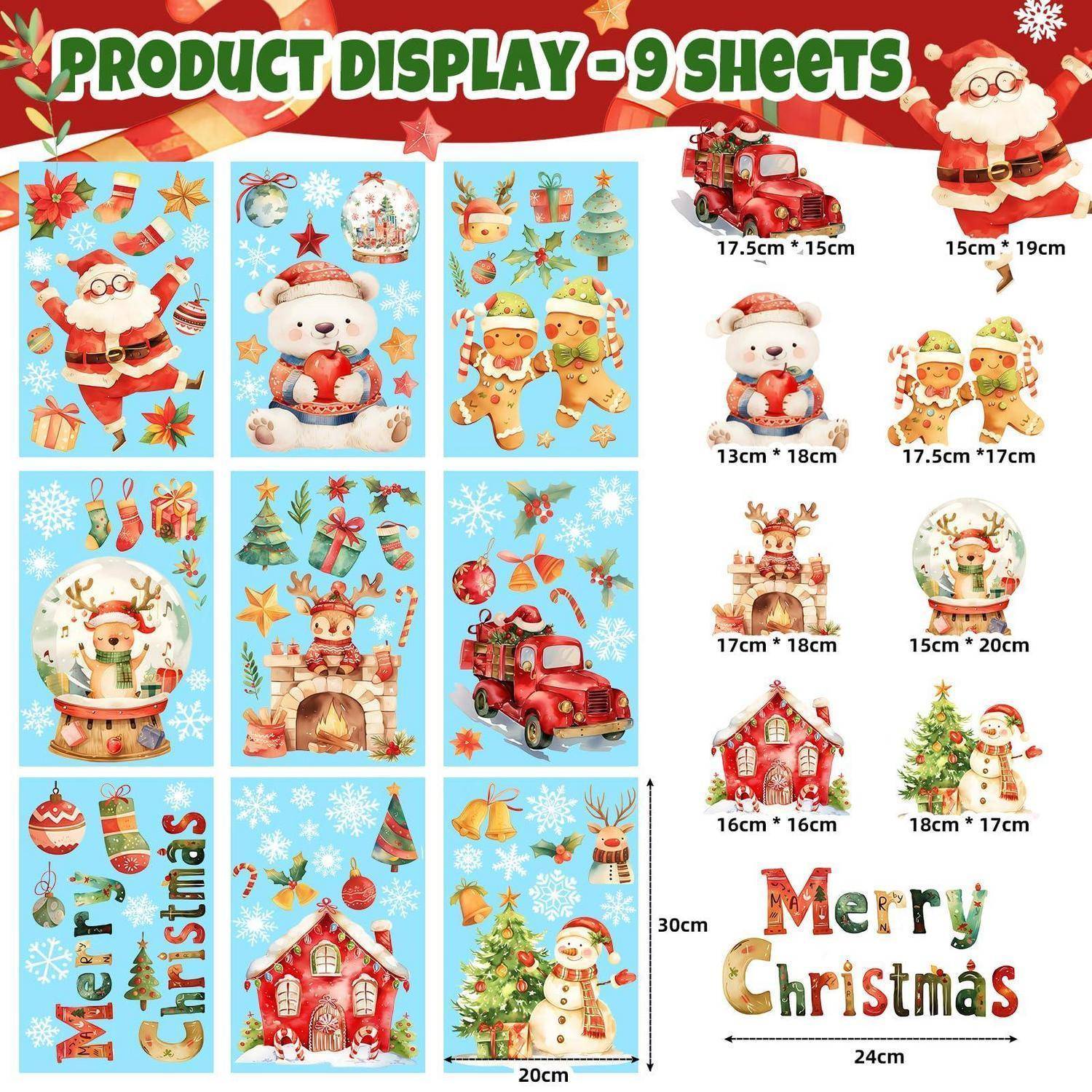 # Weihnachtsthematisches Produktanzeigeblatt mit 9 Blattdesigns und Ausschnittgrößenetiketten, das Weihnachtsmänner, Schneekugeln, Lebkuchenfiguren, Weihnachtsmänner-Lastkraftwagen, Häuser, Bäume und Text „Frohe Weihnachten" zeigt.