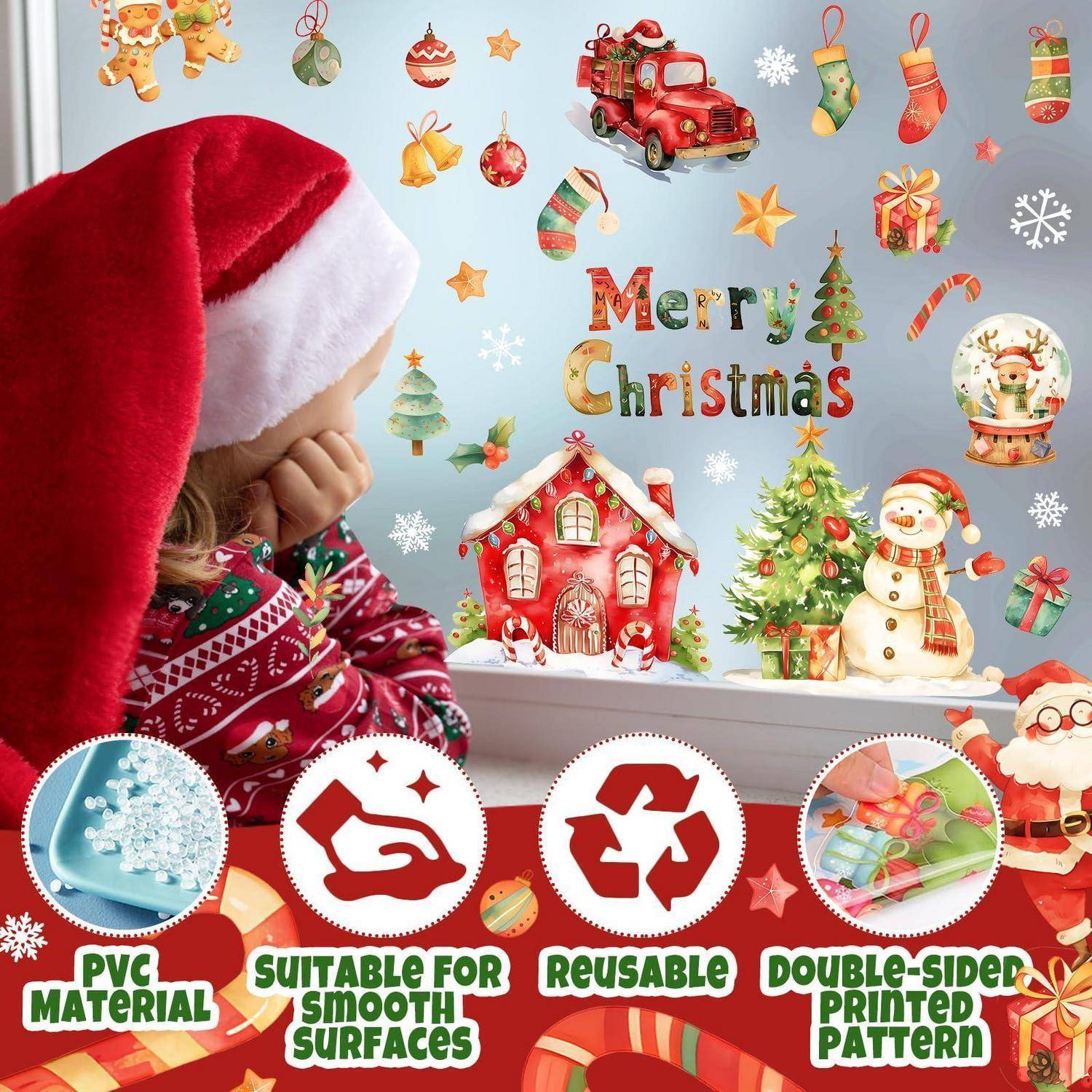 Kind in Weihnachtsmütze schaut sich Weihnachtsfenster-Aufkleber mit „Frohe Weihnachten", Geschenken, Baum, Schneemann und wiederverwendbaren beidseitigen PVC-Aufkleber-Eigenschaften an.