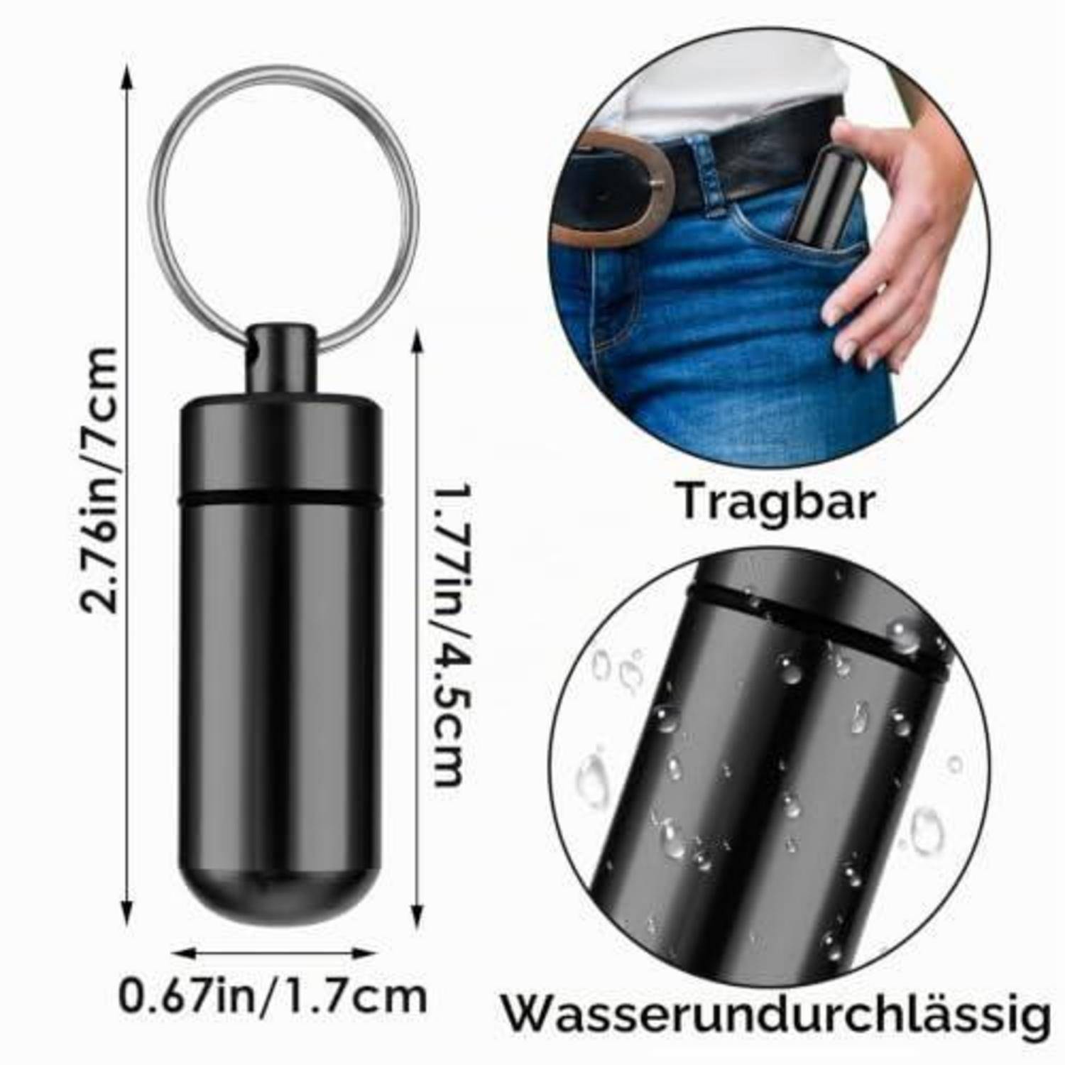 Schwarze wasserdichte Kapsel-Schlüsselhalter mit Ring; als tragbar gekennzeichnet, mit einer Länge von 2,76 Zoll und einer Breite von 0,67 Zoll, mit Gürteltragfunktion und wasserbeständigem Detail.