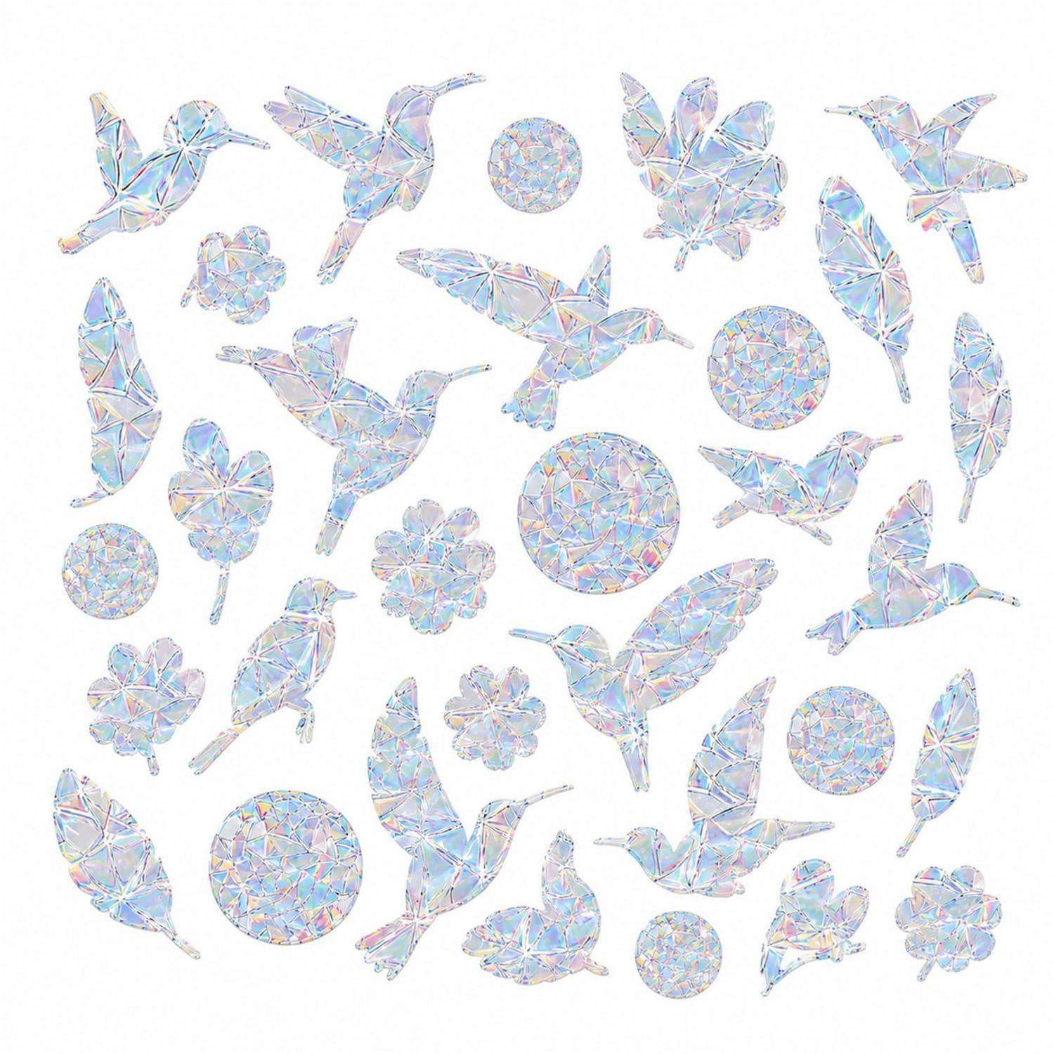 Pastellfarbene holografische Vögel, Blumen und Kreise, die auf weißem Hintergrund verstreut sind und ein dekoratives Muster bilden.