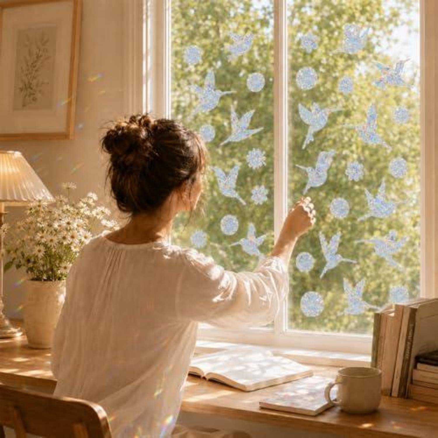 Frau, die ein sonniges Fenster mit blauen Vogel- und Blumenstickern an einem Holzschreibtisch in einem gemütlichen Zimmer dekoriert.