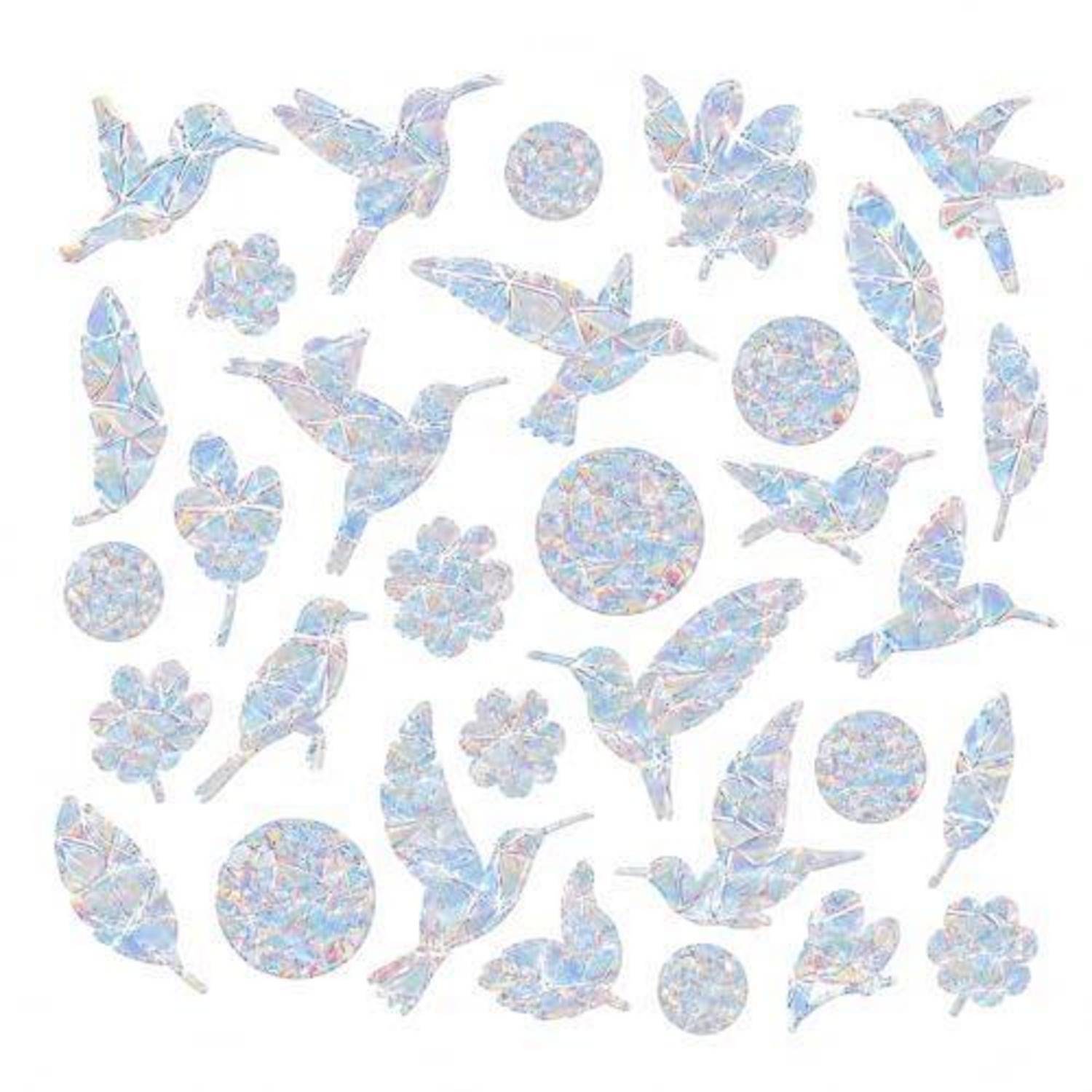 Muster aus schillernden Kolibris, Blättern, Blüten und Kreisen auf weißem Hintergrund.