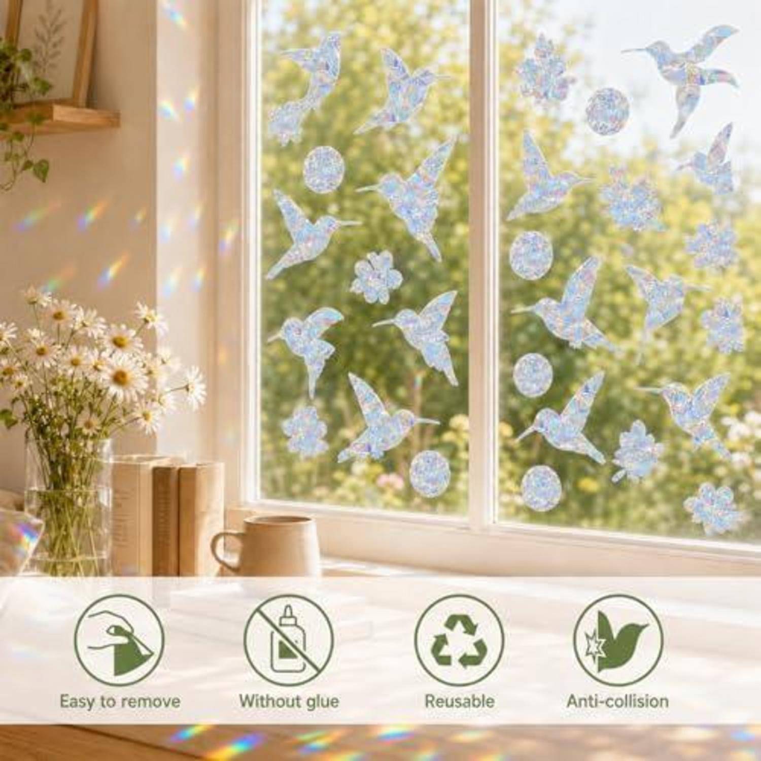 Vogel- und Kreis-Fensteraufkleber, die ein sonniges Fenster dekorieren; Beschriftungen darunter sagen „Leicht zu entfernen", „Ohne Kleber"", „Wiederverwendbar"" und „Kollisionsschutz"".