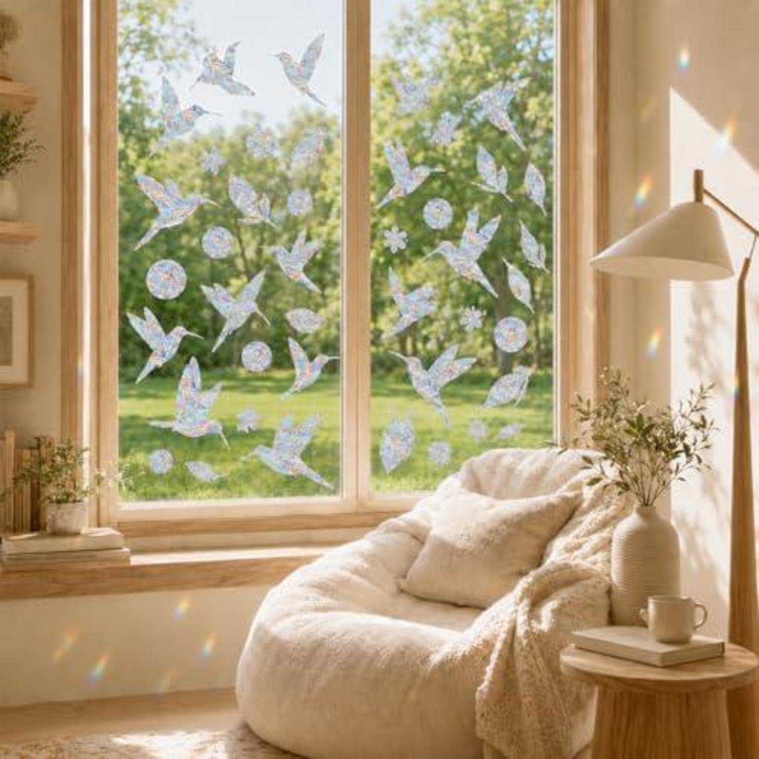 Gemütliches Wohnzimmer mit einem Sitzsack neben einem sonnendurchfluteten Fenster, das mit Vogel- und Monddekalen verziert ist und auf einen grünen Garten blickt.