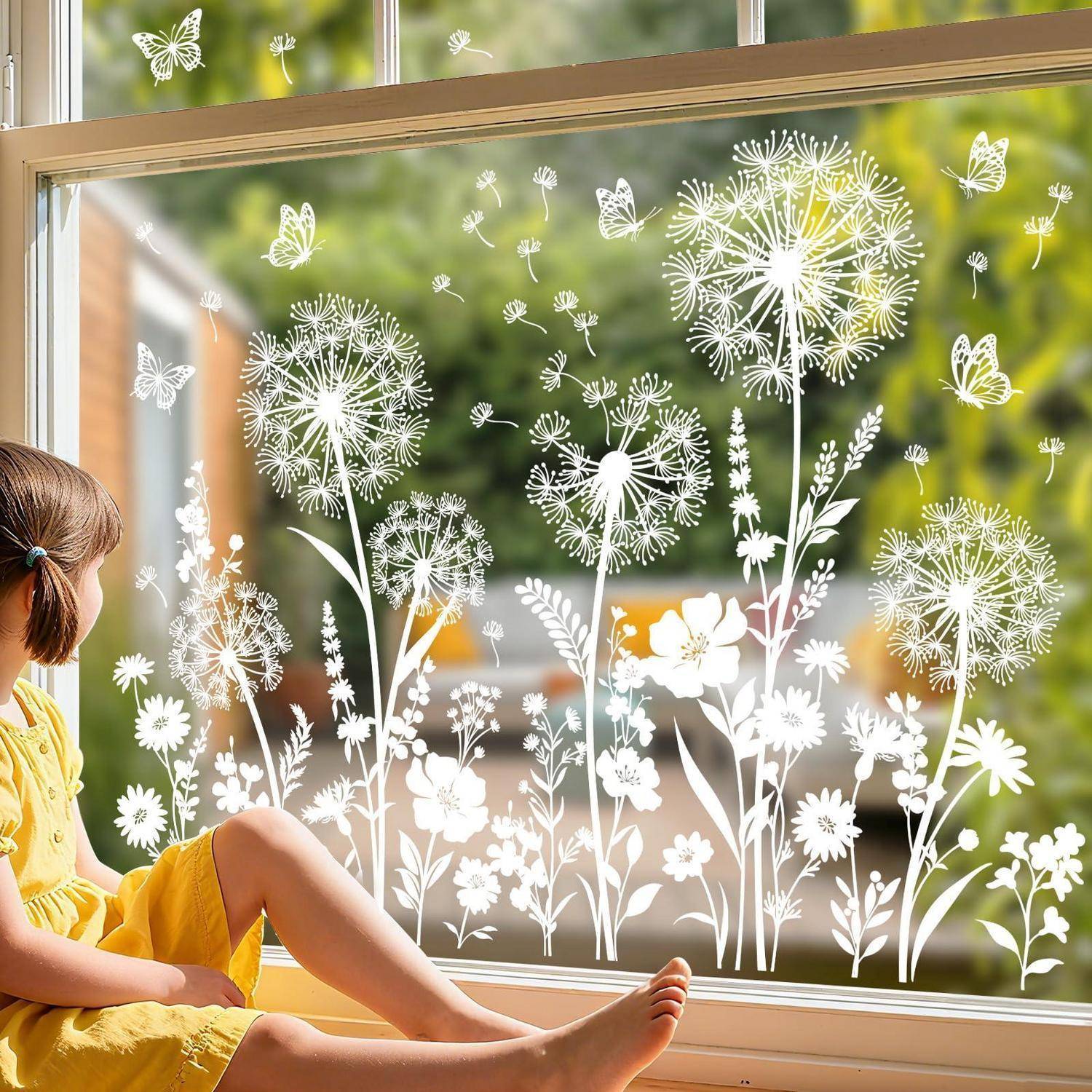 Kind in gelbem Kleid sitzt neben einem Fenster, das mit weißen Blumen- und Schmetterlings-Aufklebern dekoriert ist, und blickt auf einen unscharfen grünen Garten hinaus.