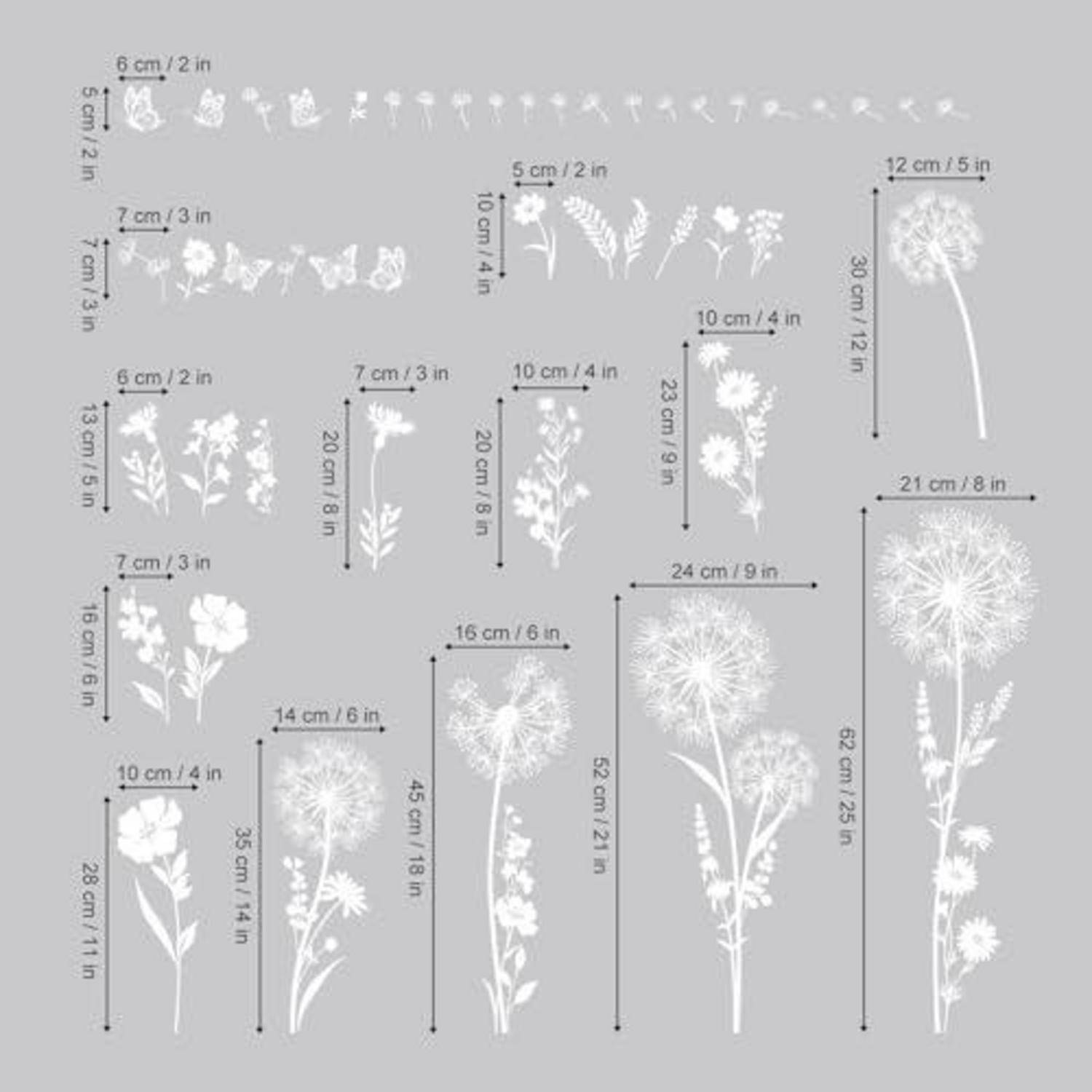 Diagramm mit mehreren weißen Wildblumen-Silhouetten mit Größenmessungen in cm und Zoll, die von kleinen Sträußchen bis zu hohen löwenzahnähnlichen Stielen auf grauem Hintergrund reichen.