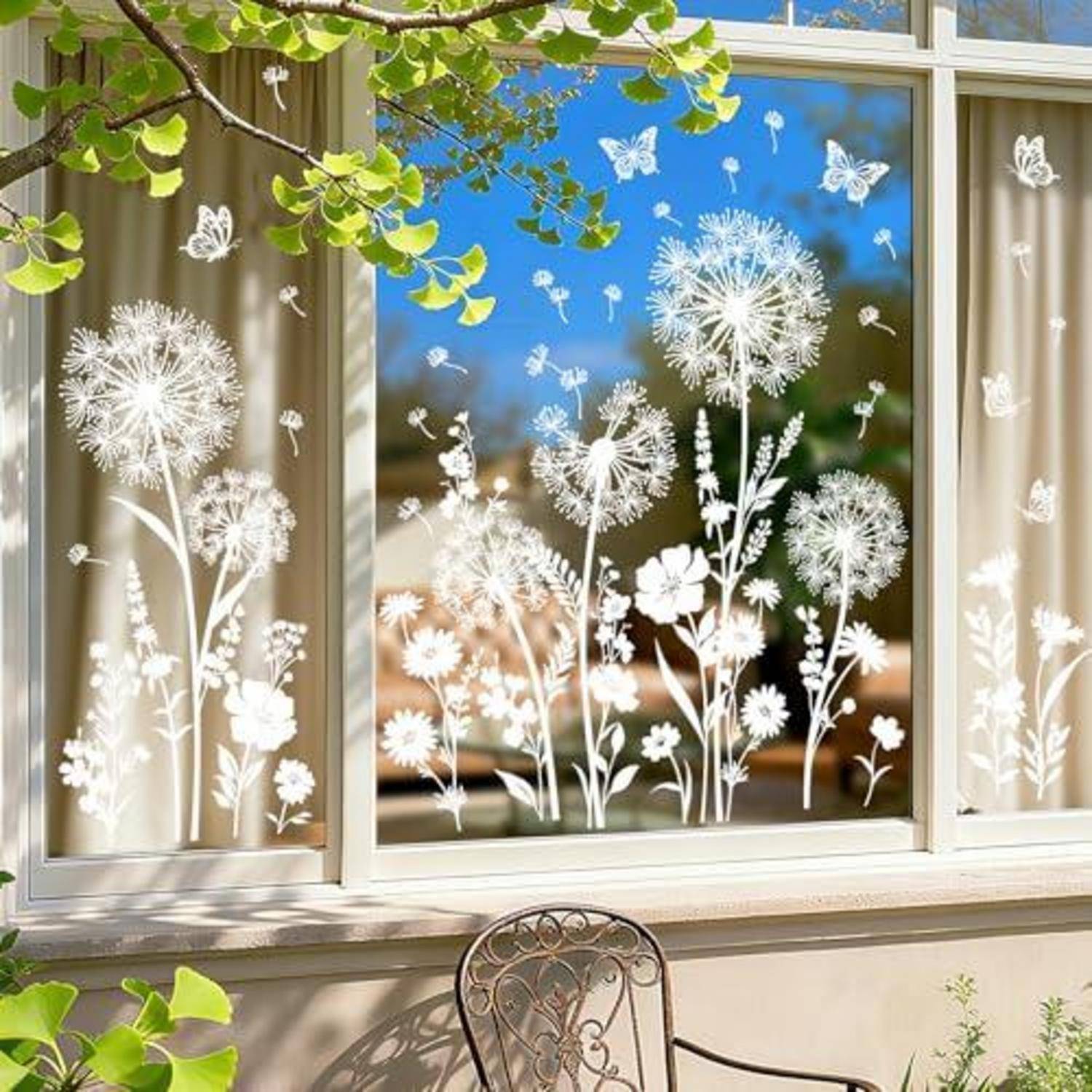 Fenster mit weißen Blumen- und Schmetterlingsaufklebern auf dem Glas, umrahmt von grünen Blättern und Außenspiegelung, mit einem Terrassenstuhl darunter.