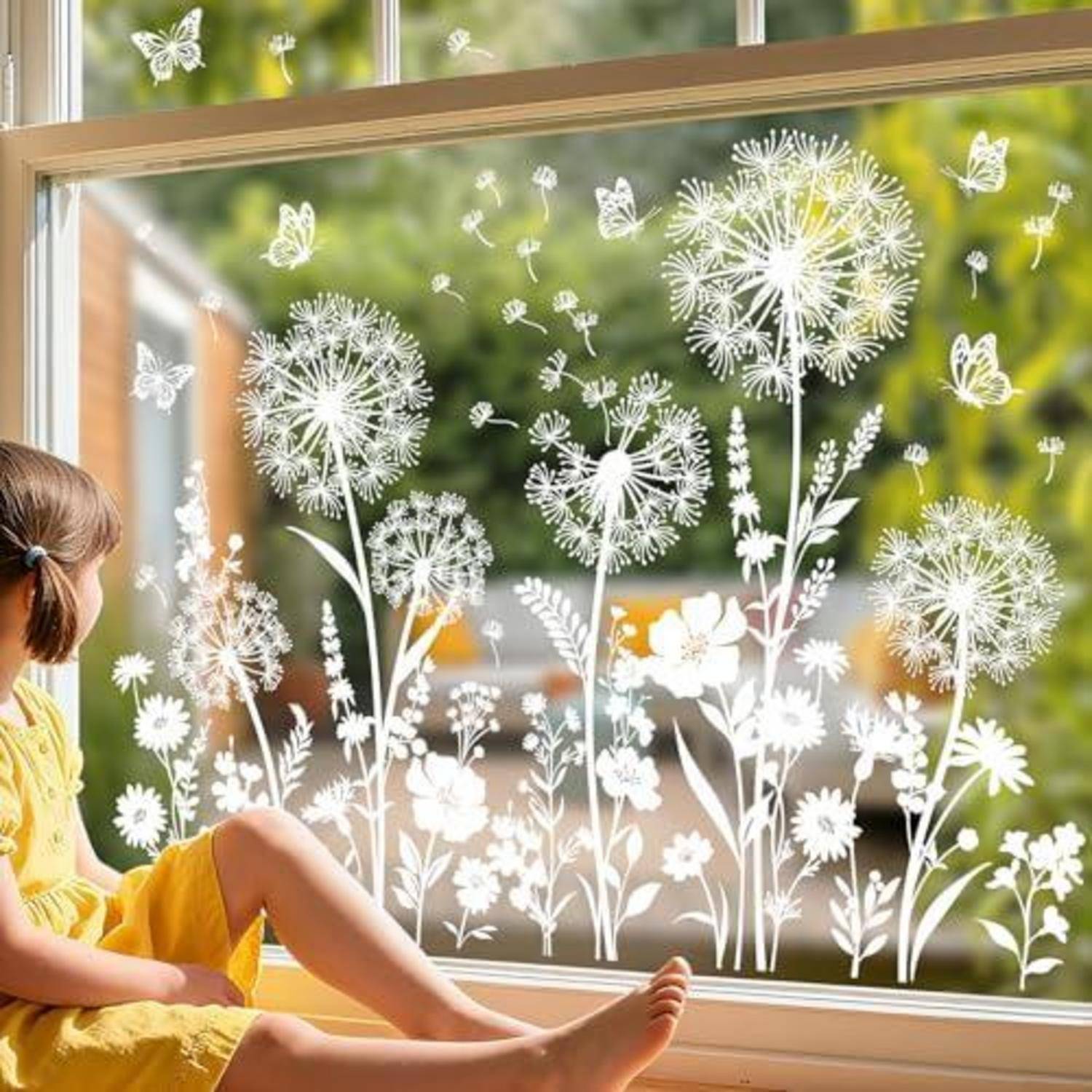 Ein Mädchen in einem gelben Kleid sitzt an einem Fenster, das mit weißen Blumen- und Schmetterlings-Aufklebern dekoriert ist, und schaut hinaus in einen Garten.