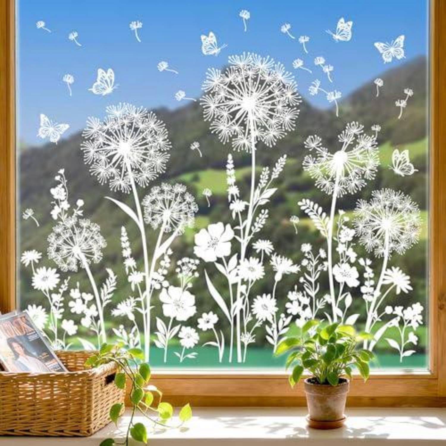 Weißes Blüten- und Schmetterlingsdekor auf einem großen Fenster, mit Topfpflanzen und einem Korb auf der Fensterbank, das eine gartenähnliche Aussicht schafft.
