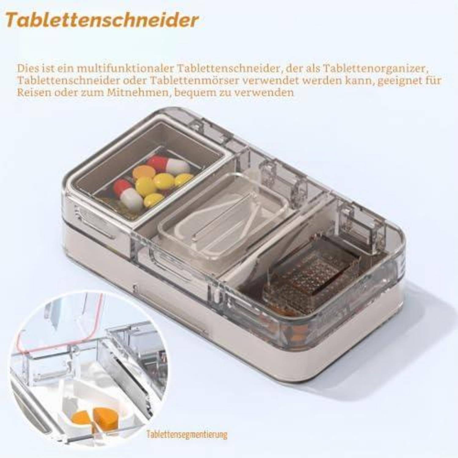 Transparenter multifunktionaler Tablettenzerteiler und Organizer mit Pillenkompartimenten, gezeigt mit Pillen im Inneren und einer Vergrößerung, die das Tablettenzersplittern demonstriert.
