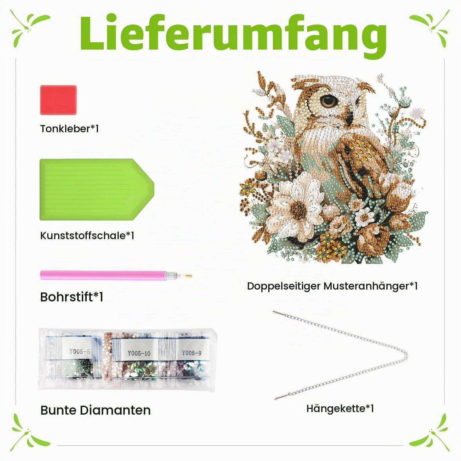 Infografik mit dem Titel „Lieferumfang" mit den enthaltenen Artikeln: rote Ton, grünes Kunststofftablett, Bohrerstift, sortierte Diamanten, beidseitiger Eulenmuster-Anhänger und Hängekette.