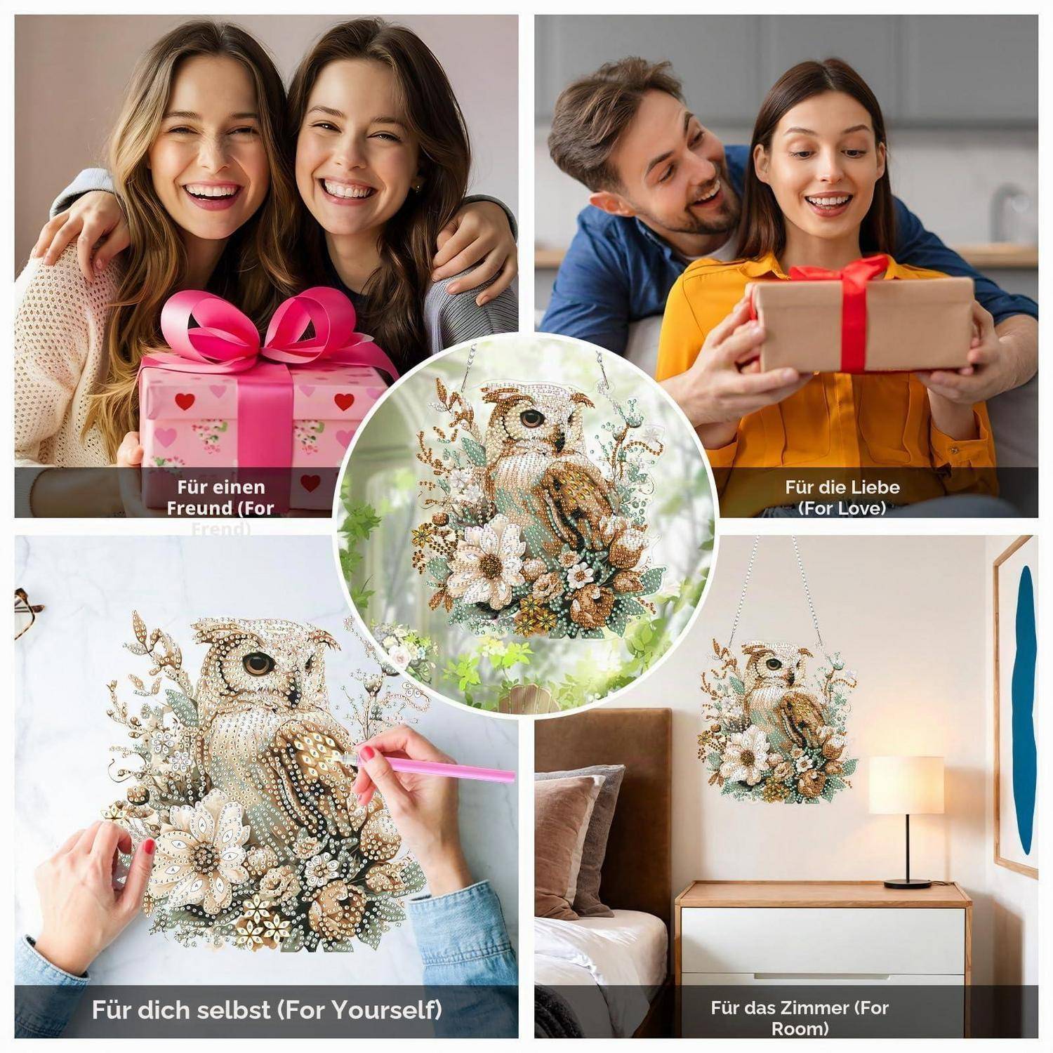 Collage mit einer Wandkunst-Gabe aus Perlen in Form einer Eule und deren Verwendung: für einen Freund, aus Liebe, für sich selbst und für das Zimmer, jeweils mit einer Person oder einer Innenraumszene.