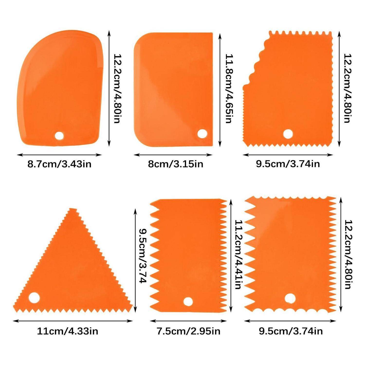 Sechs orange Kunststoff-Schaberkarten in verschiedenen Formen, jede mit einem kleinen Aufhängeloch und Abmessungen in cm und Zoll gekennzeichnet.