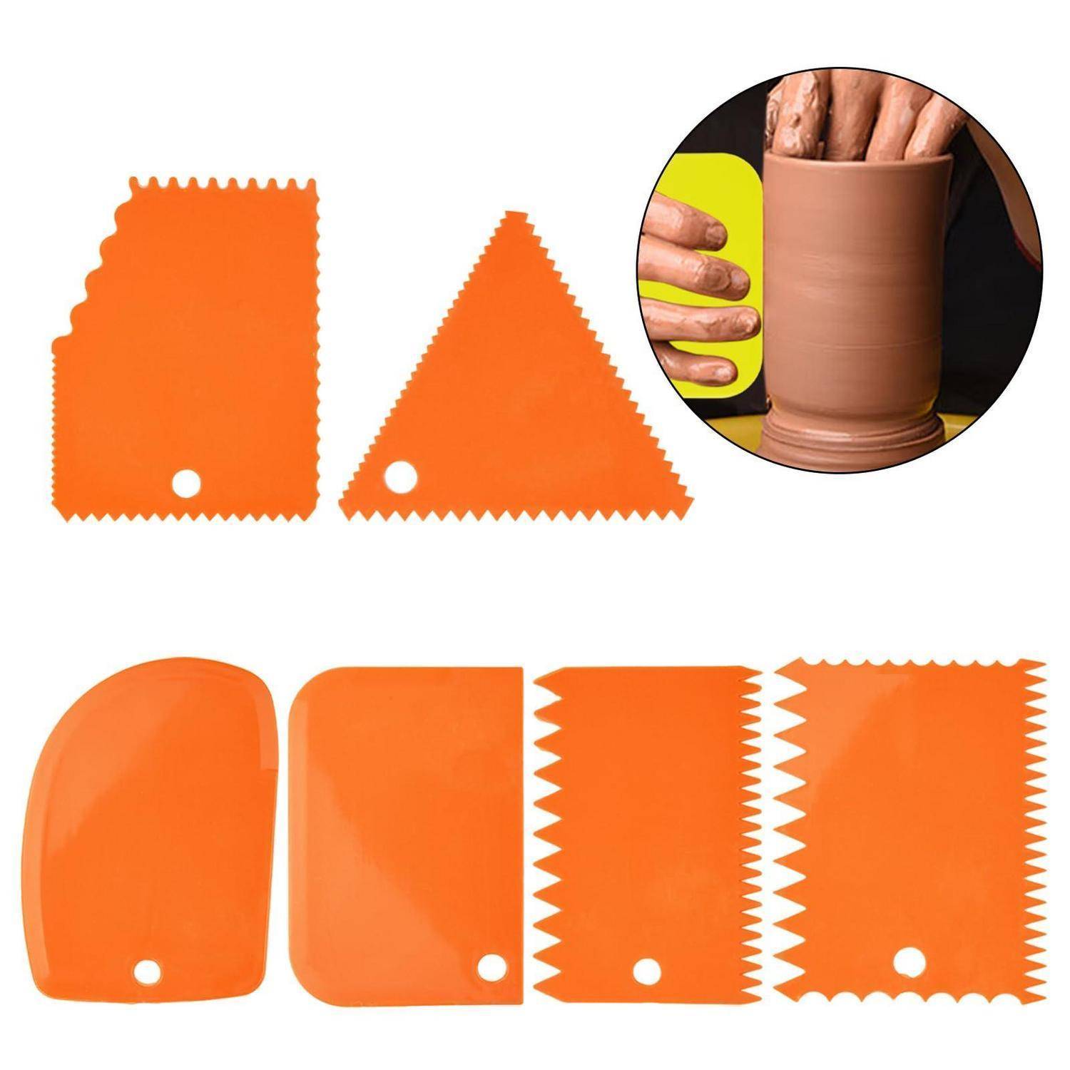 Orange-farbige Tonbildhauerewerkzeuge und Kratzer mit einer kleinen Einblendung, die einen Töpfer zeigt, der eine Tontasse auf einer Drehscheibe formt.