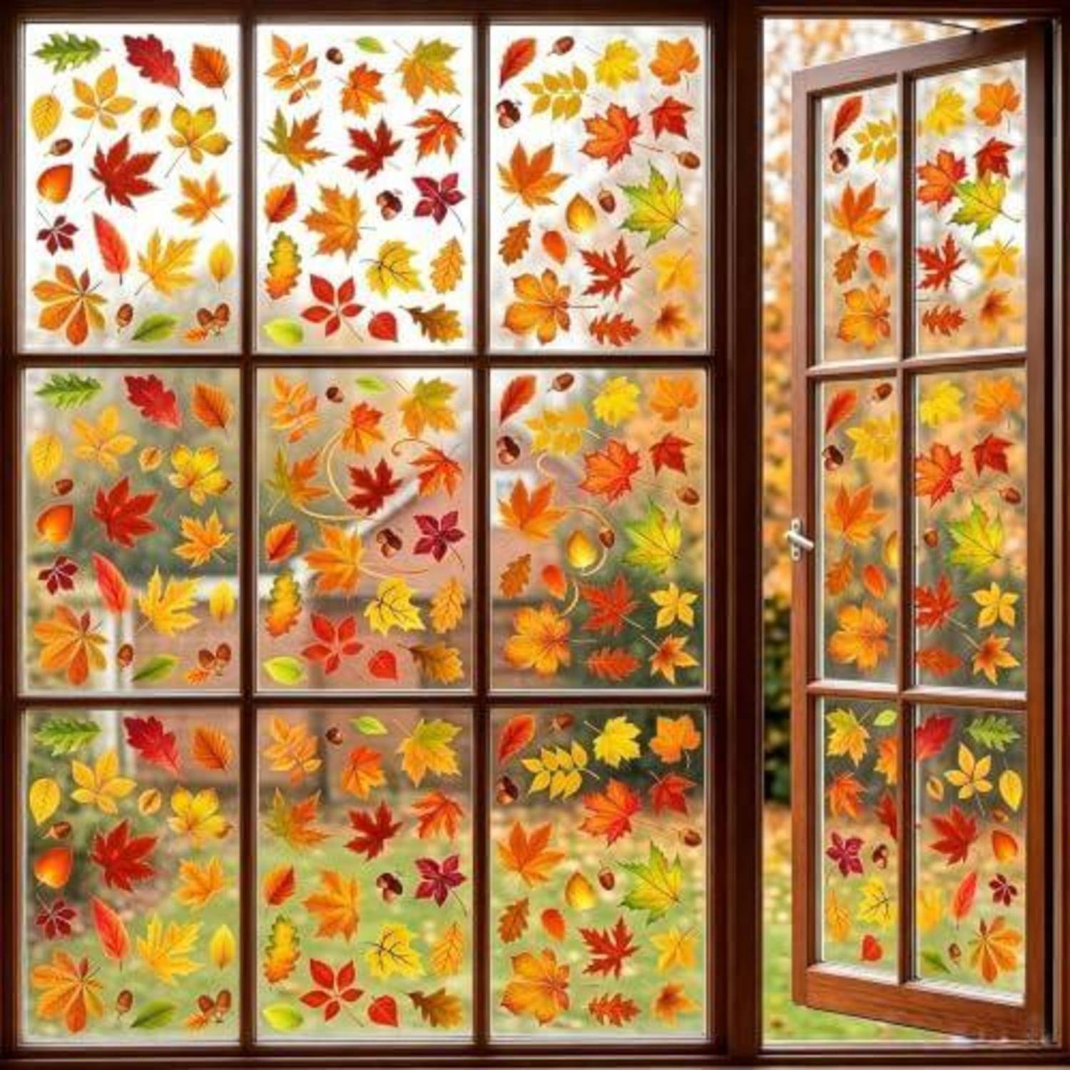 Offenes Holzfenster mit Gleispapieren, die mit bunten Herbstblättern verziert sind und einen Herbstausblick nach außen zeigen.