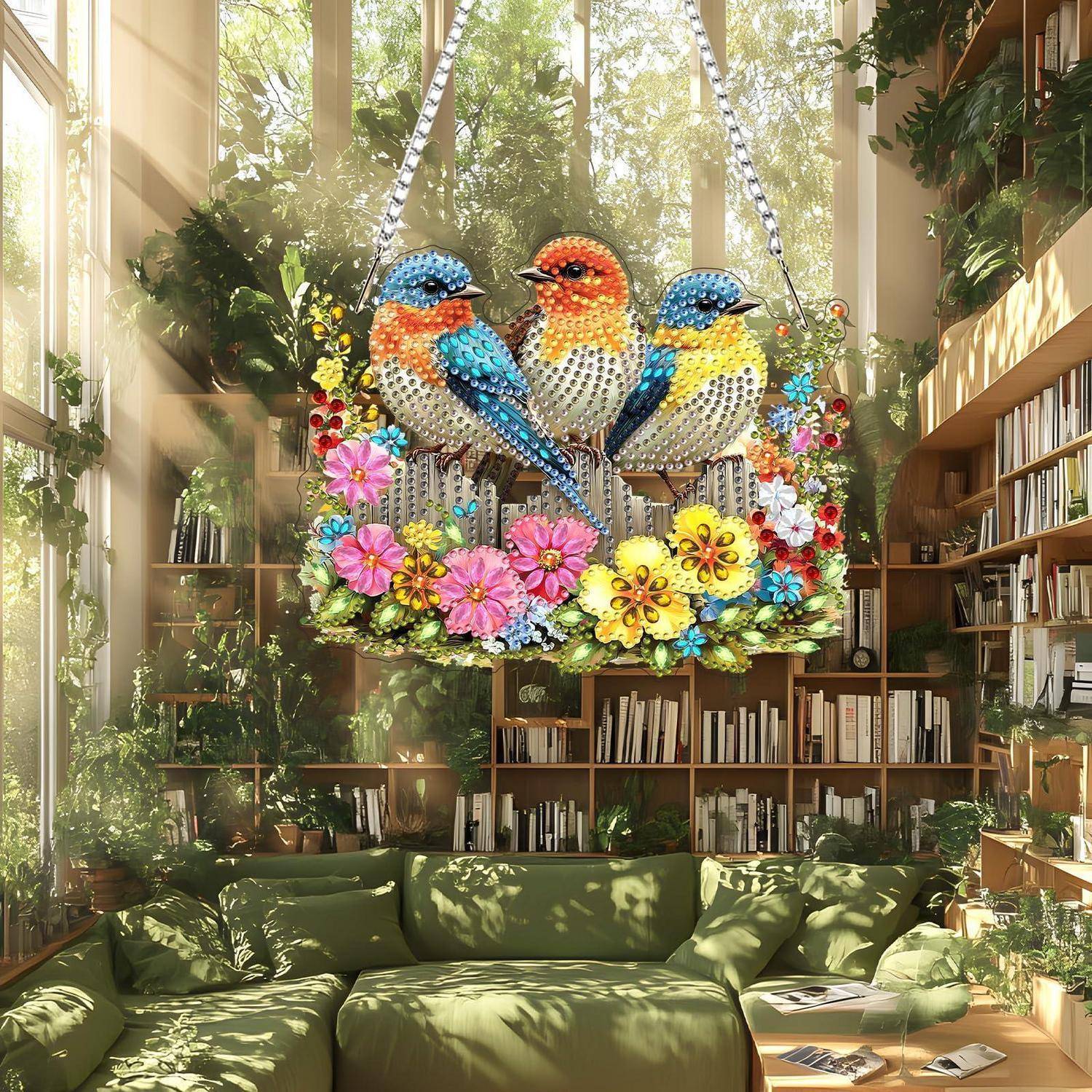 Bunte Vogelskulptur aus drei Vögeln mit Blumen hängt in einer sonnigen Bibliothekslounge mit Bücherregalen, grünem Sofa und Zimmerpflanzen.