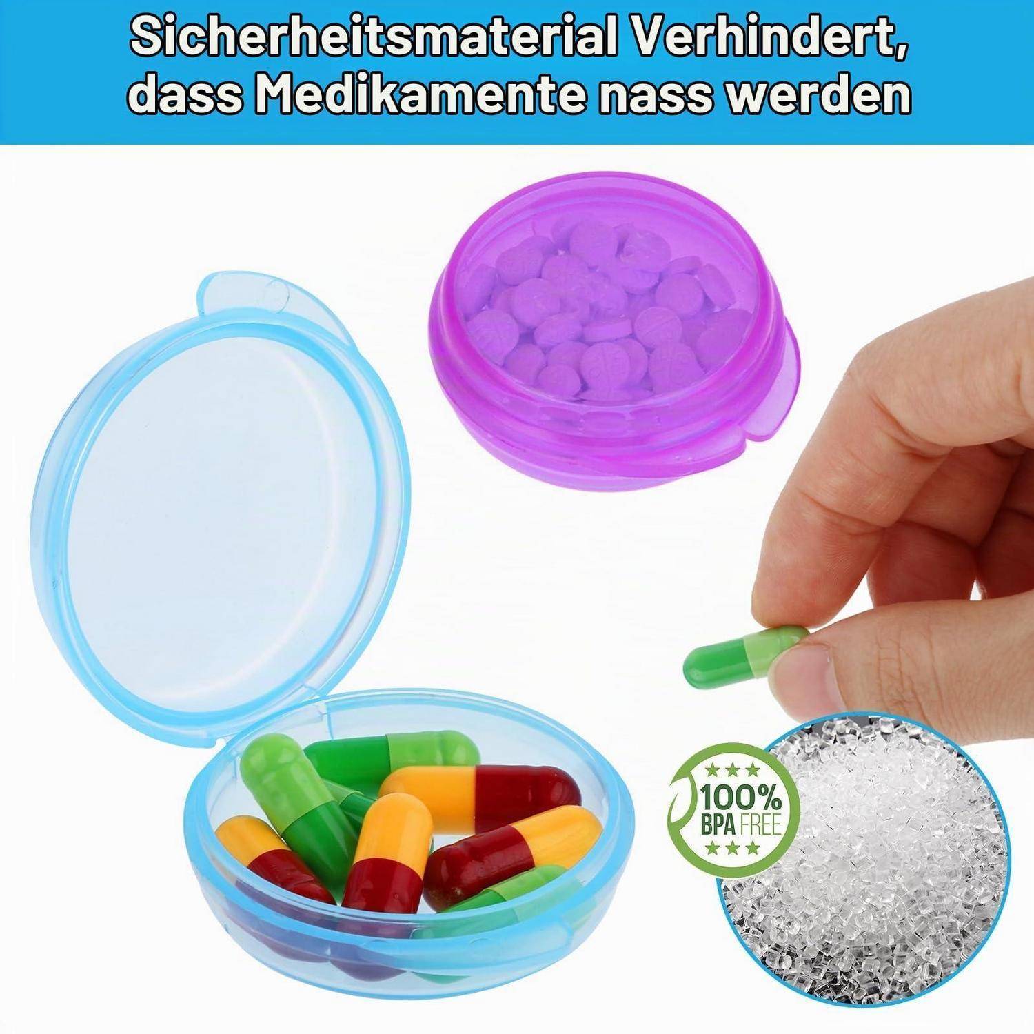 Illustration eines Pillenbehälters mit feuchtigkeitsabsorbierenden Perlen und dem Text „Sicherheitsmaterial Verhindert, dass Medikamente nass werden", was den Schutz von Kapseln vor Feuchtigkeit zeigt.