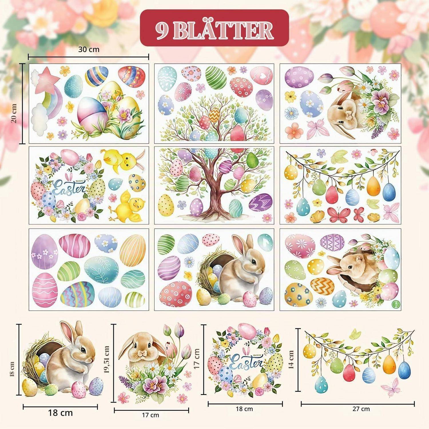 Oster-Clipart-Blatt mit dem Titel „9 BLÄTTER" zeigt neun Pastelldesigns mit Eiern, Hasen, Blumen und Kränzen, plus vier kleinere Vorschauen mit Größenangaben in cm.