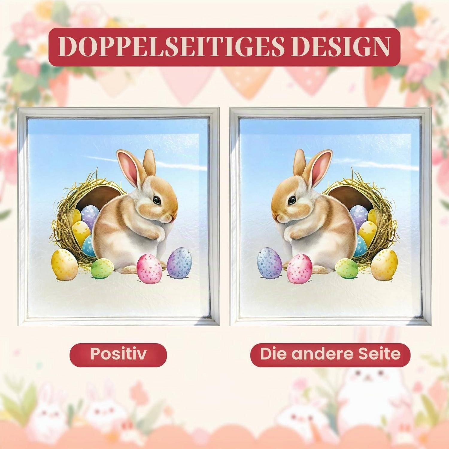 Werbebild mit beidseitigem Design: zwei gerahmte Illustrationen eines Kaninchens in einem Nest mit Ostereiern, beschriftet mit „Positiv" und „Die andere Seite"".