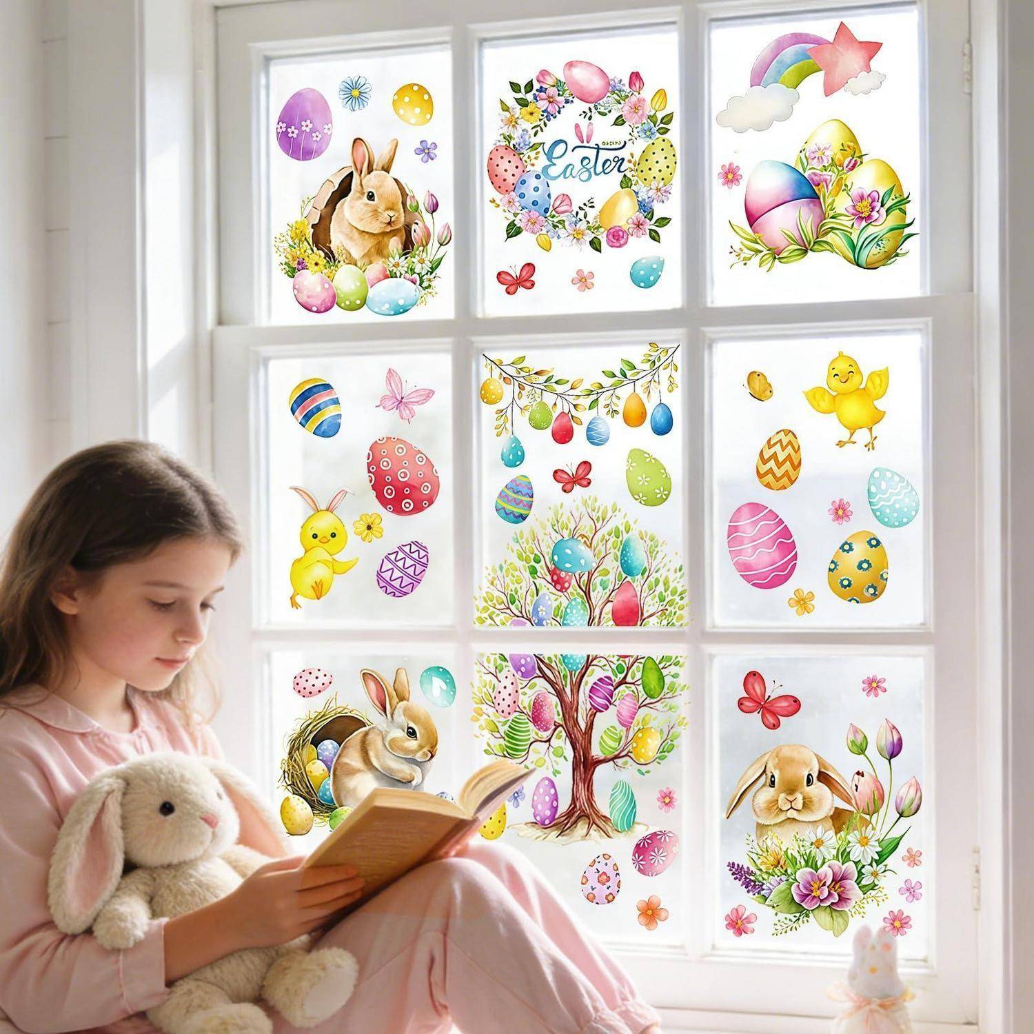 Ein Mädchen liest ein Buch neben einem Fenster, das mit bunten Osteraufklebern mit Motiven von Hasen, Küken, Eiern und Blumen dekoriert ist.