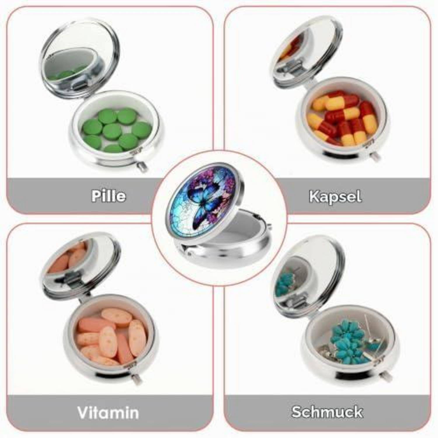 Pillendose Metall mit Spiegel, kompakt, für Vitamine, Lila Schmetterlinge