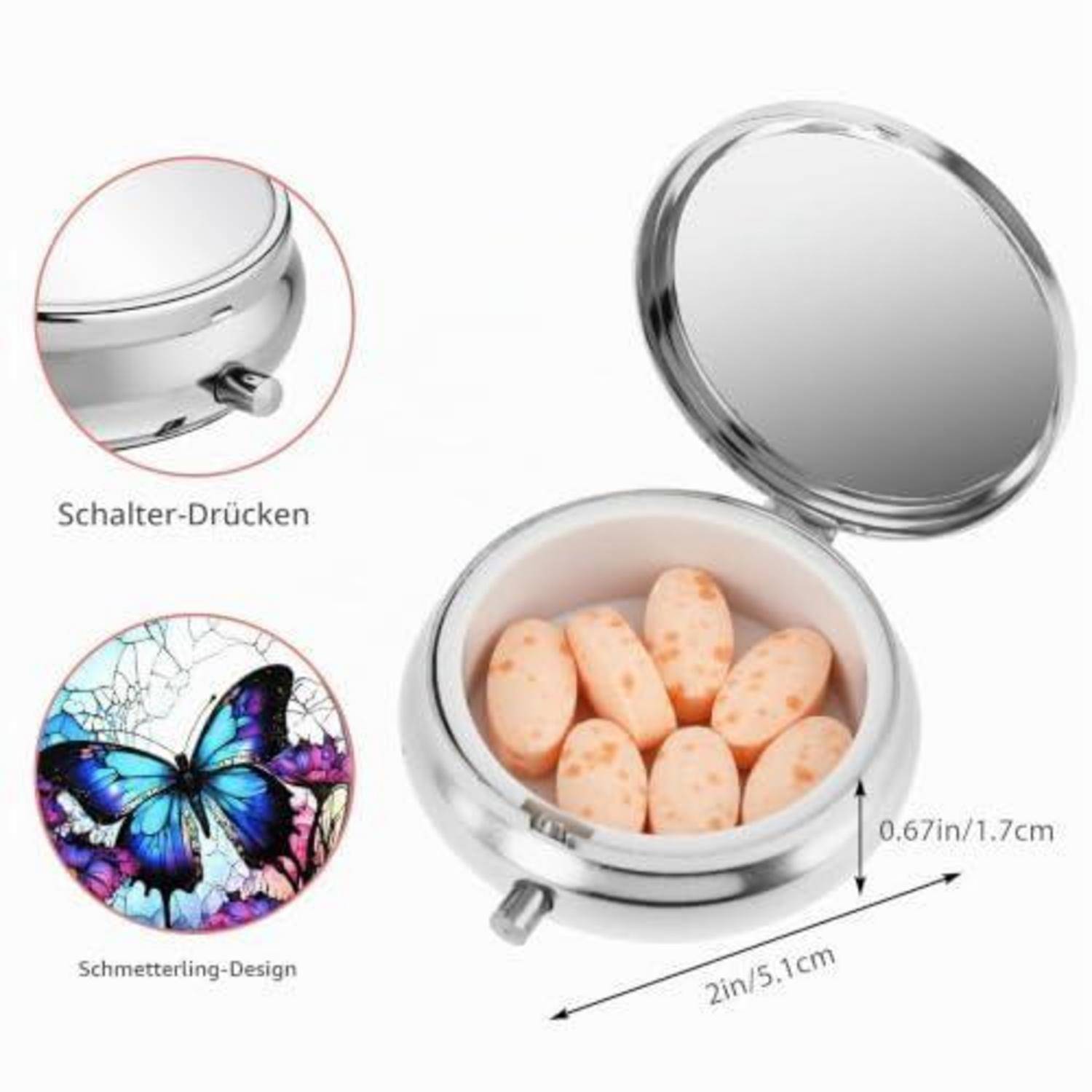Pillendose Metall mit Spiegel, kompakt, für Vitamine, Lila Schmetterlinge