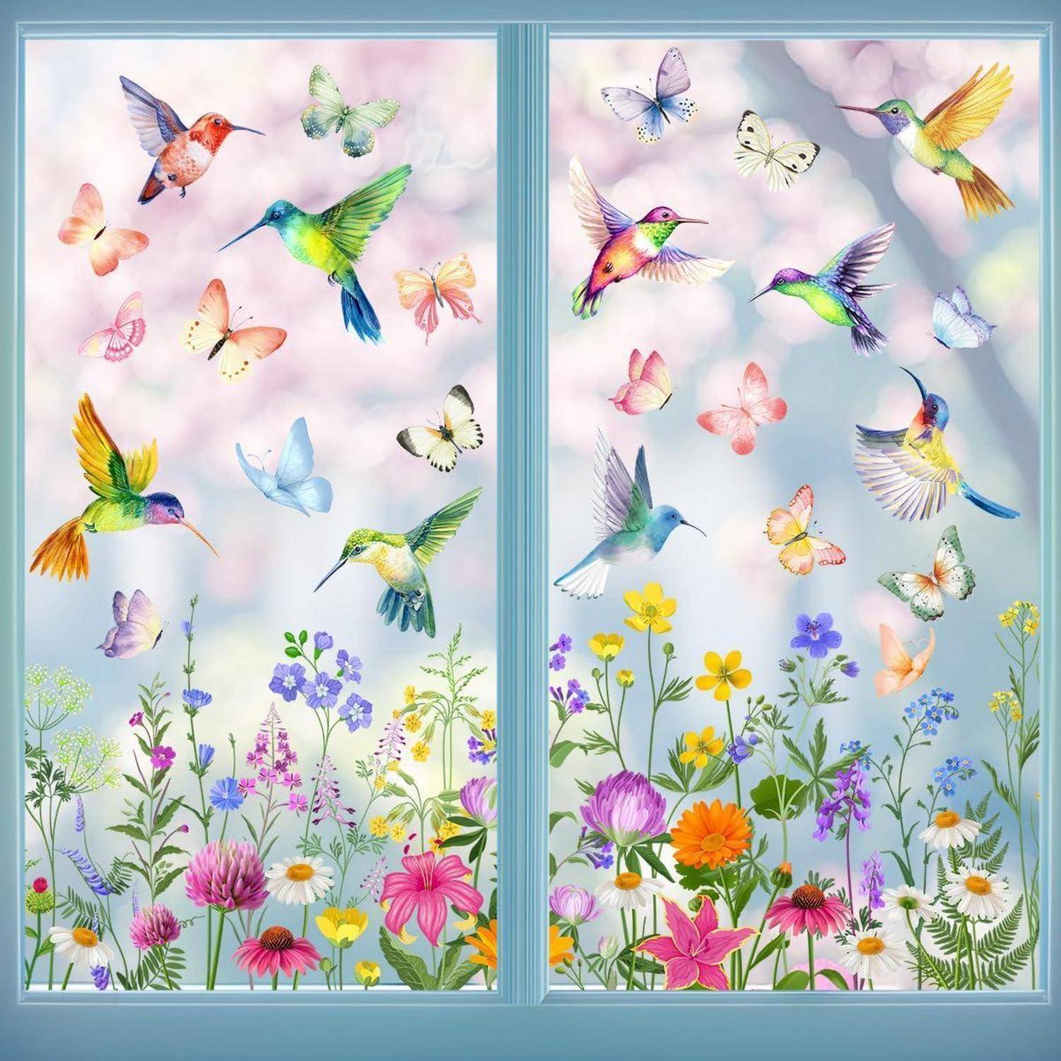 Zwei Pastellgartenpaneele gefüllt mit farbenfrohen Kolibris und Schmetterlingen, die über blühenden Wildblumen fliegen.