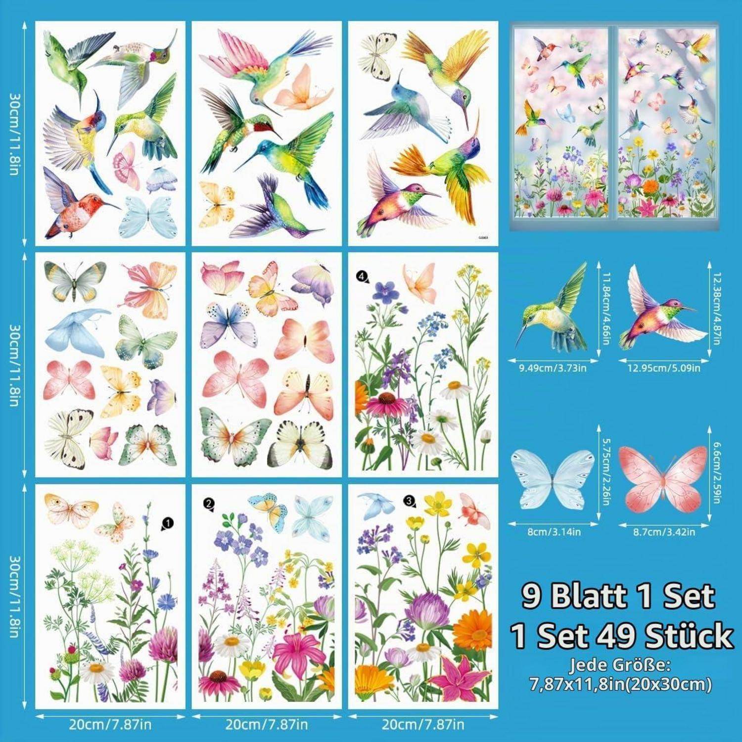 Produktcollage mit 49 Aquarell-Wandaufklebern: Kolibris, Schmetterlinge, Libellen und Wildblumen in verschiedenen Größenlayouts mit Abmessungen.