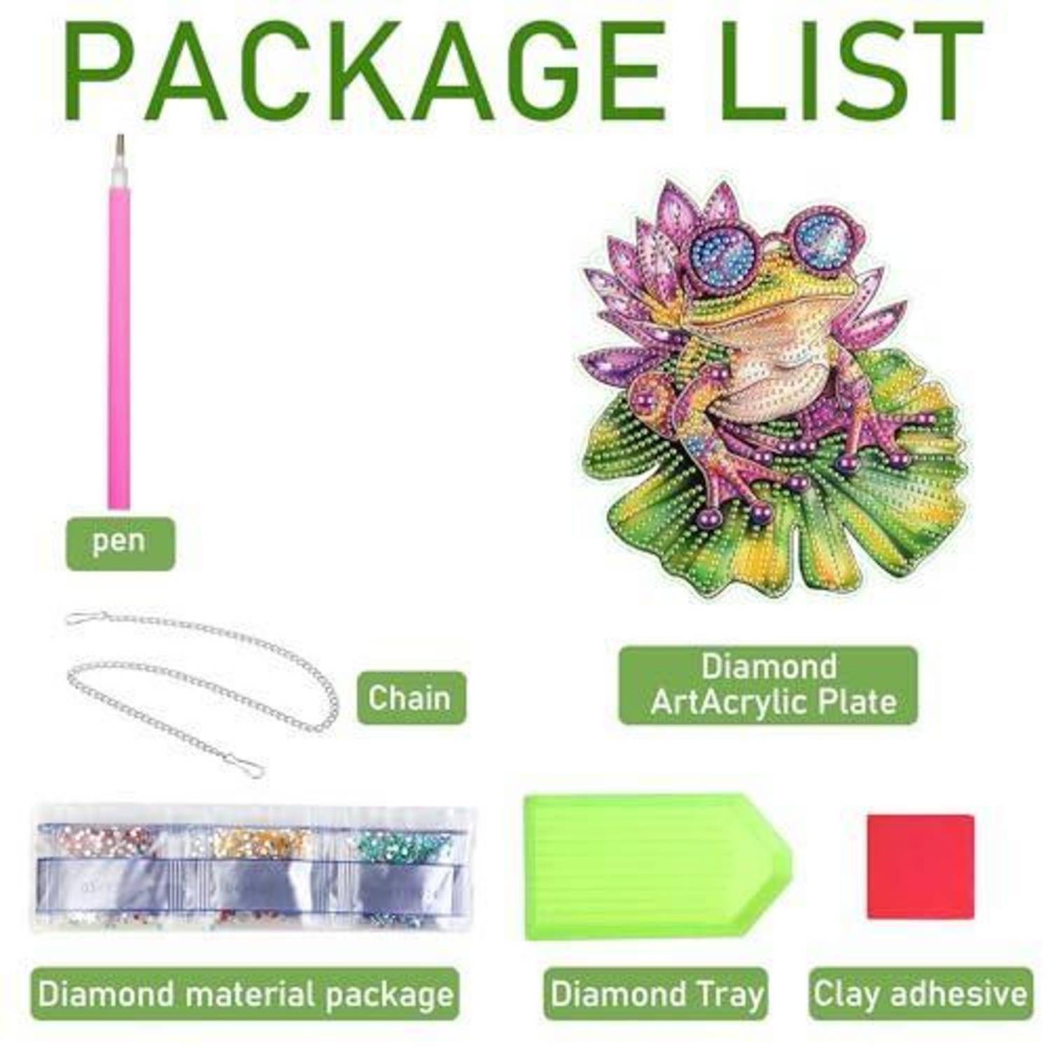 Paketliste mit einem rosa Stift, einer Kette, einer Diamantkunst-Acrylplatte, einem Diamantmaterialpaket, einem grünen Diamanttablett und rotem Ton-Klebstoff.