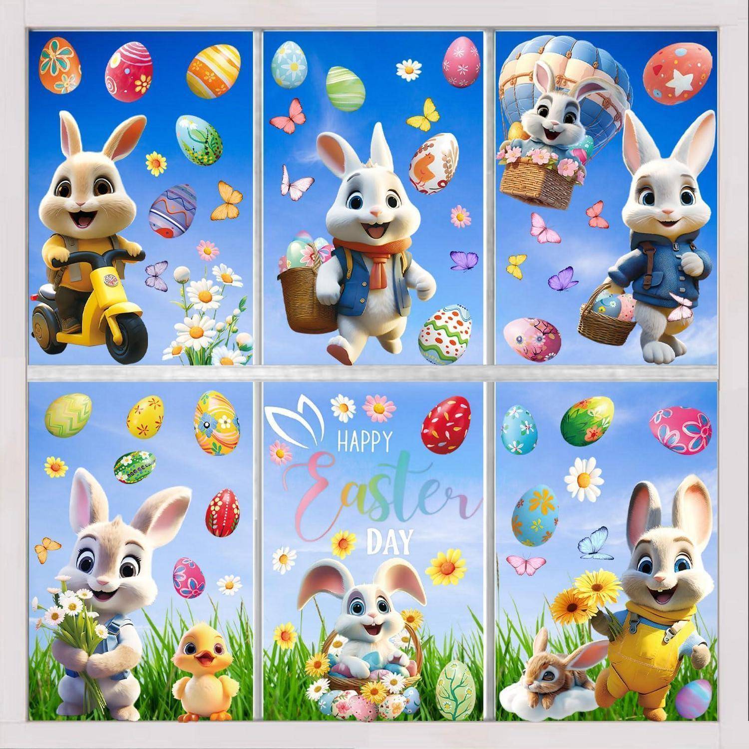 Farbenfrohe Oster-Collage mit Cartoon-Kaninchen und einer Ente mit verzierten Eiern, Blumen, Schmetterlingen und dem Text „Frohe Ostern