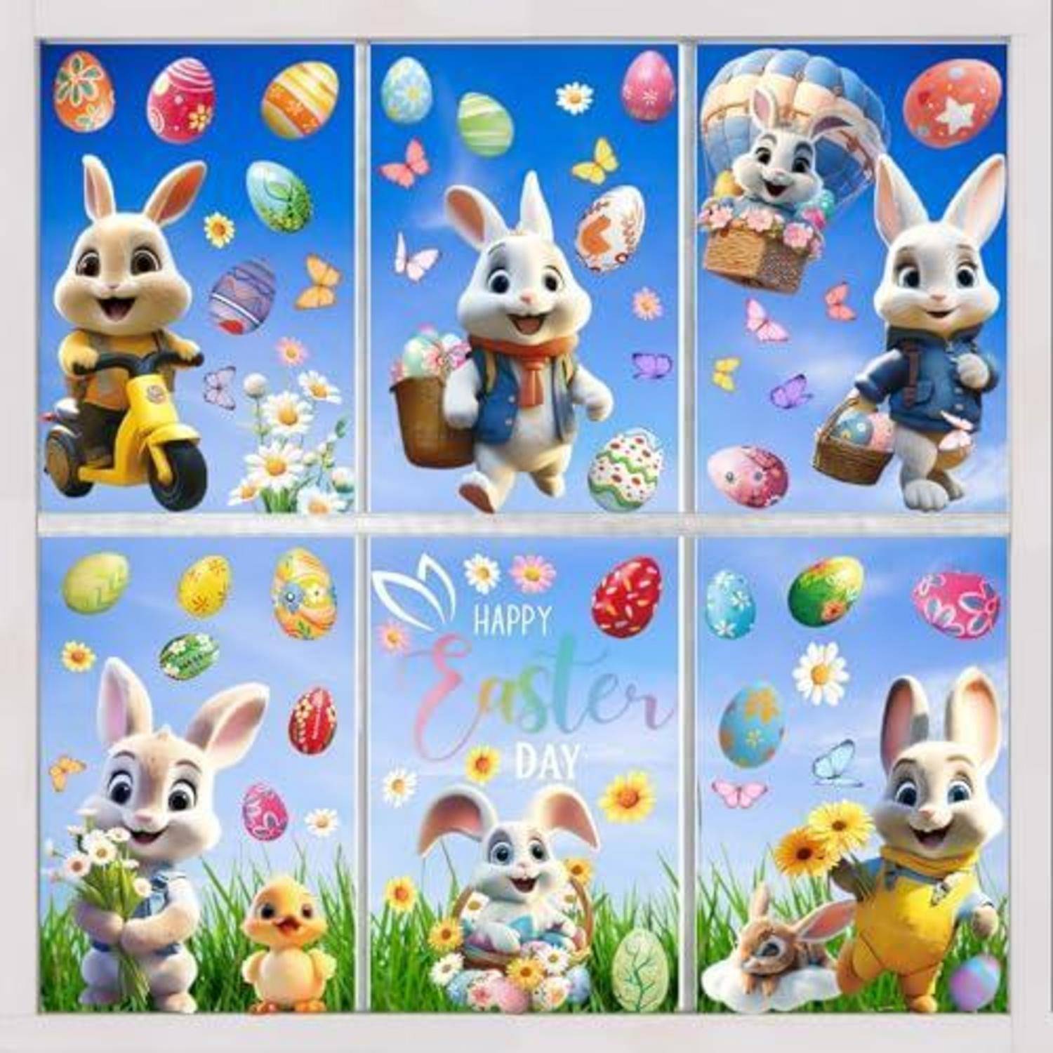 Sechsteiliges Oster-Kollage mit weißen Kaninchen, Küken, Blumen und verzierten Eiern; das mittlere Panel zeigt die Aufschrift „HAPPY Easter DAY".