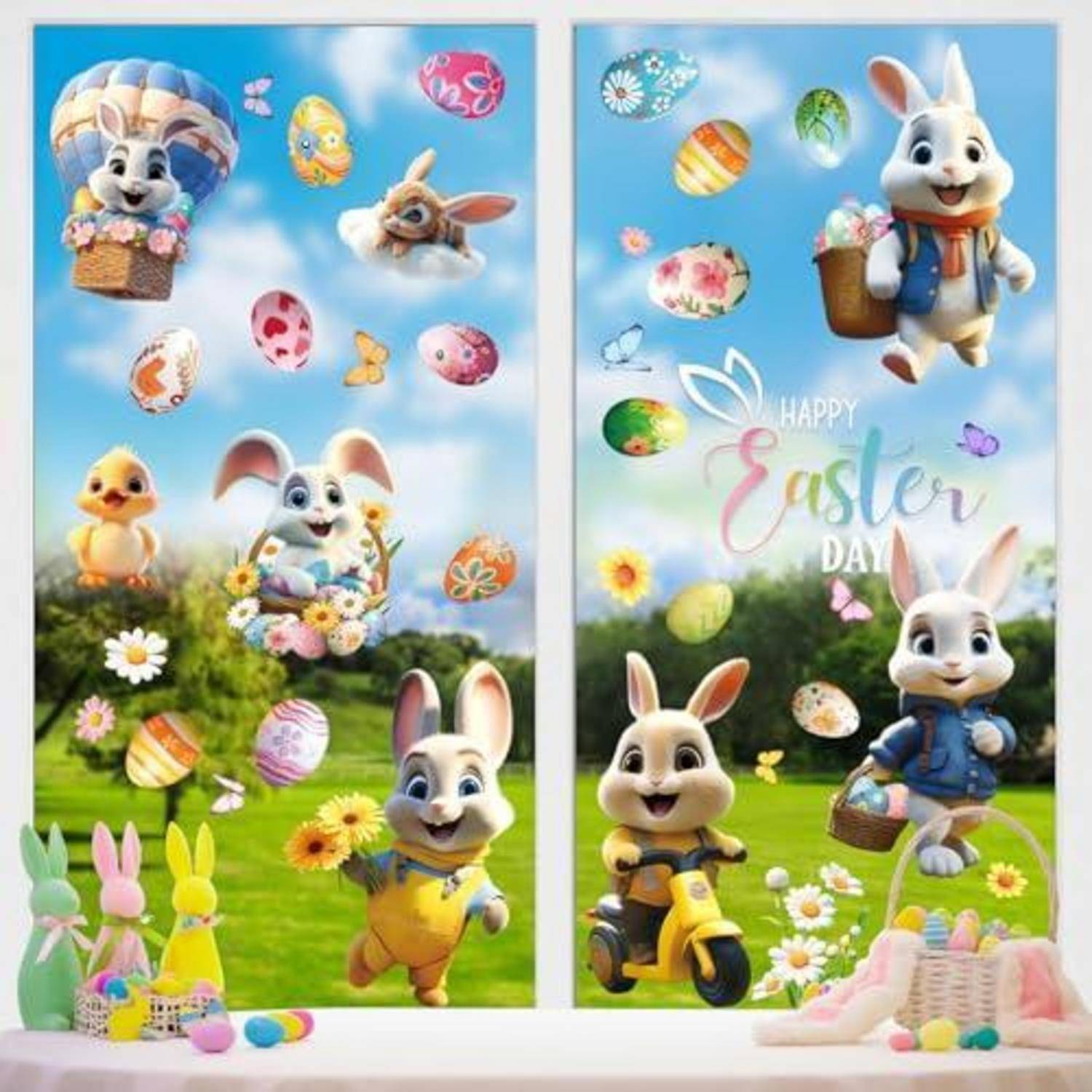 Farbenfrohe Ostergrußkarte mit Cartoon-Hasen, Küken, Eiern, Schmetterlingen und dem Text „Happy Easter Day" über Frühjahrsrasen und Blumen.