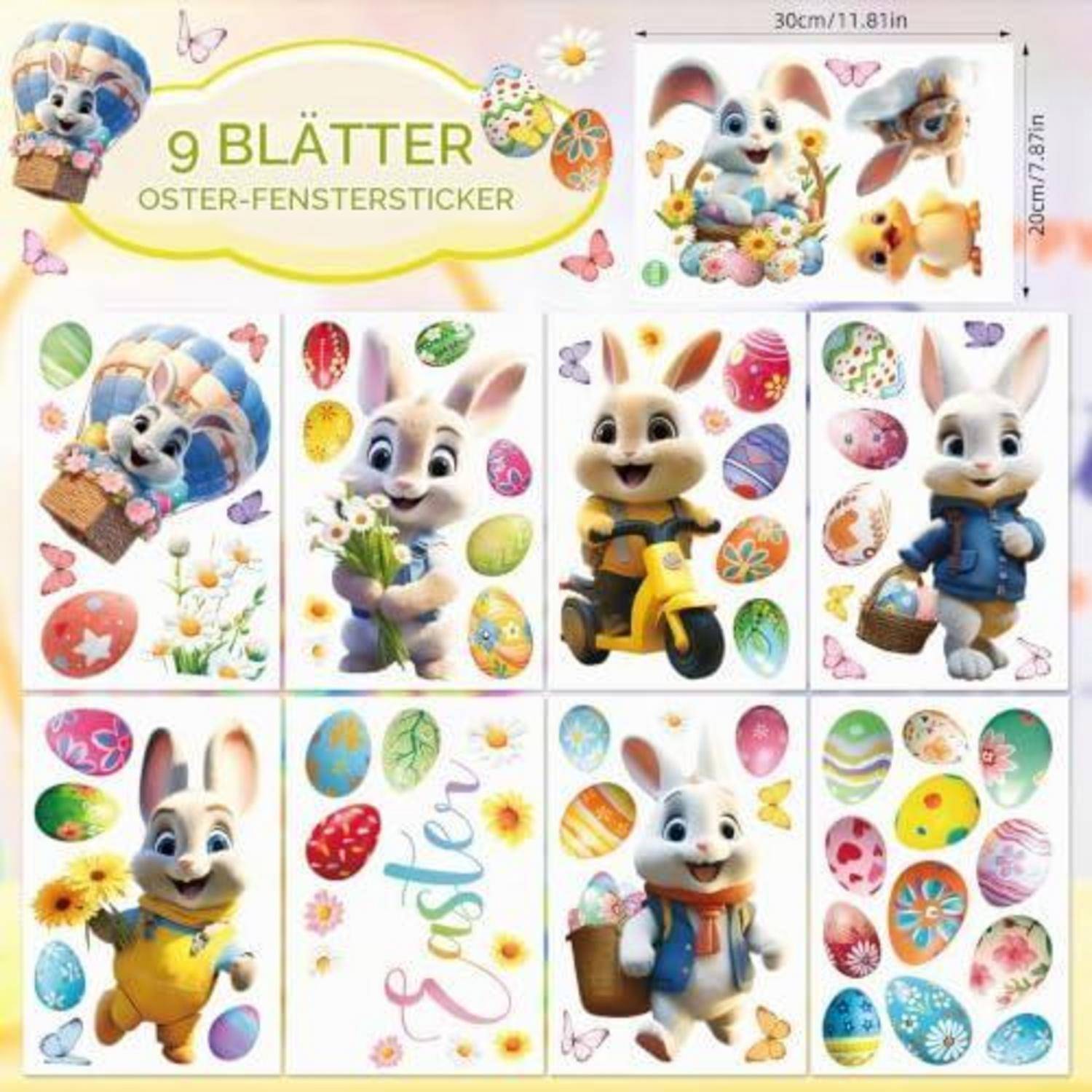 Oster-Fensteraufkleberset mit der Bezeichnung „9 BLÄTTER OSTER-FENSTERSTICKER" mit neun Hasen-Motiv-Panels, bunten Eiern, Schmetterlingen und Blumen; 30 cm x 20 cm.
