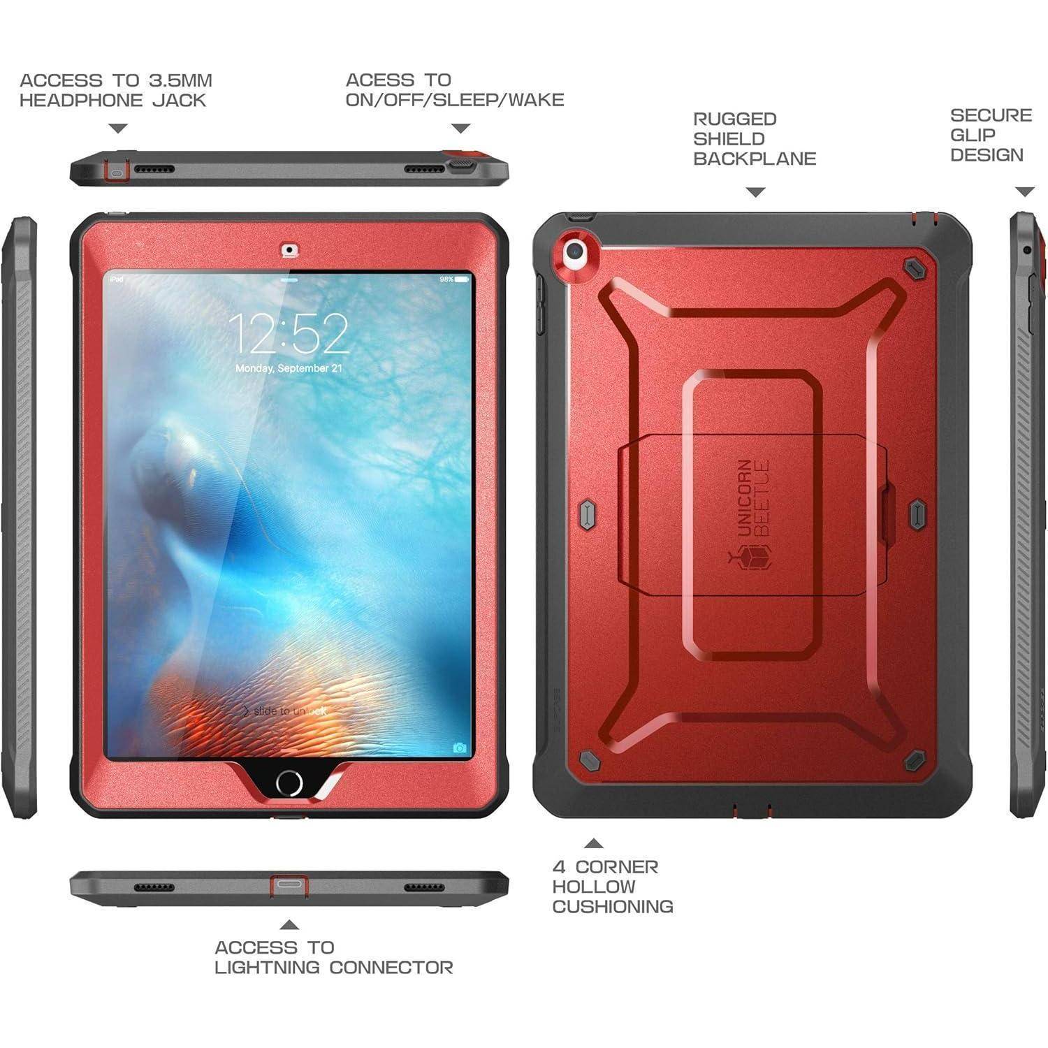 Explosionszeichnung eines roten robusten iPad-Gehäuses mit Vorder- und Rückseite, mit gekennzeichnetem Zugang zu Kopfhörerbuchse, Sleep/Wake-Taste, Lightning-Anschluss und ergonomischem Griffdesign.